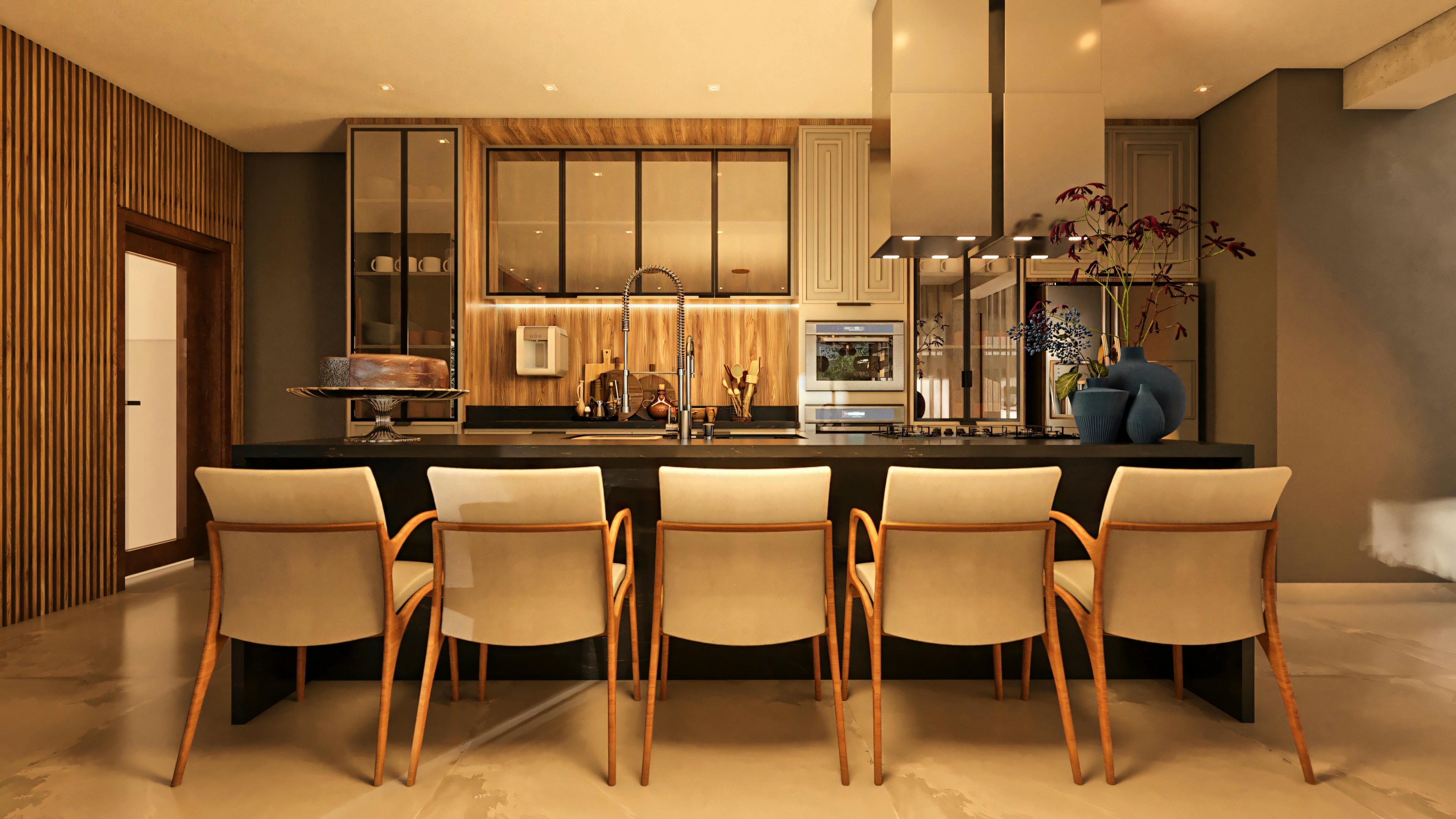 Dining room of a modern house project with a wooden table, integrated with the living room with a TV panel and the outdoor area through glass doors. White cabinet/wine cellar in the background.