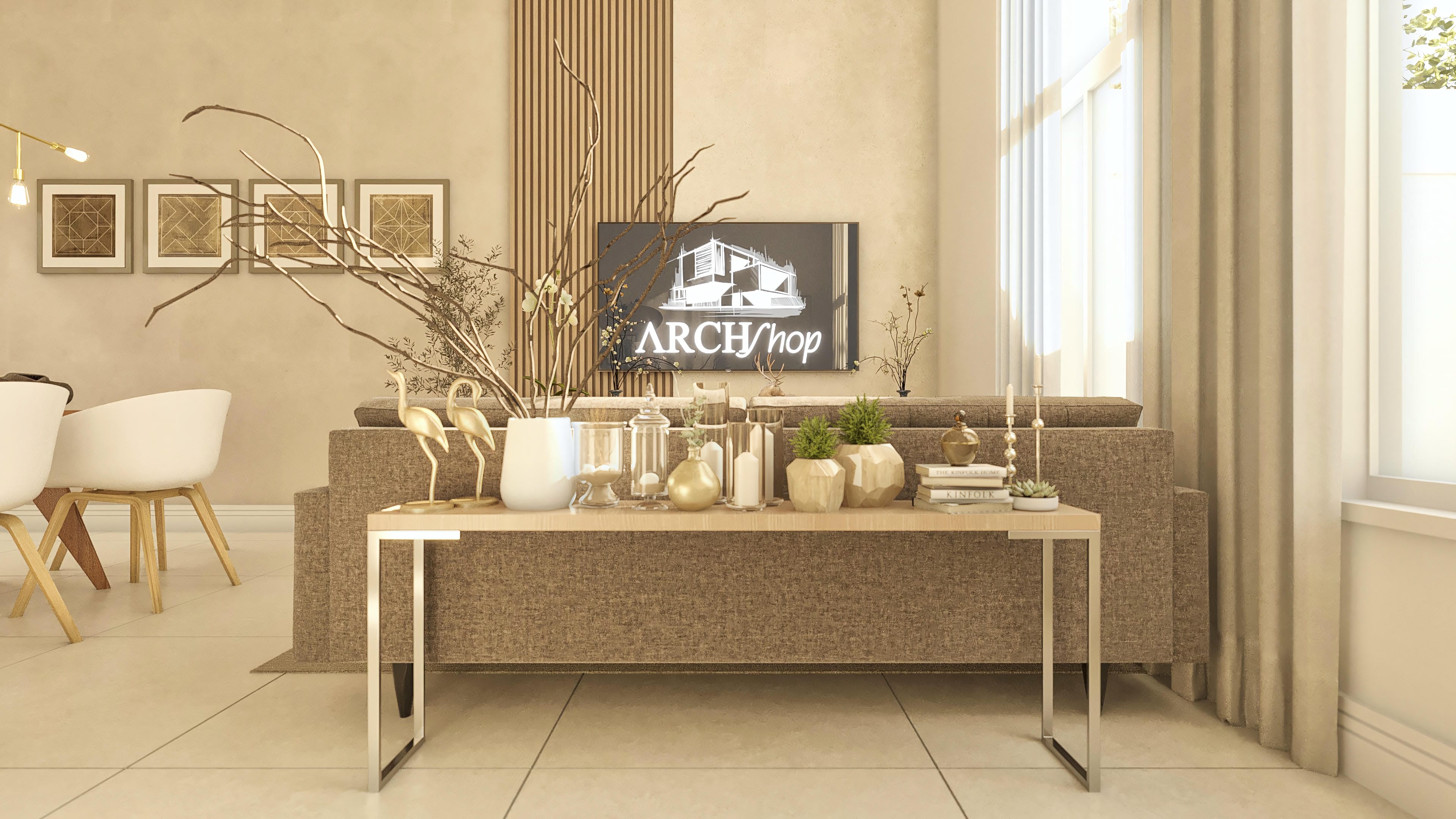 Modern interior of a single-story house with clean decoration, walls in light beige tone, and highlight for slatted wood panel. Furniture with natural textures and minimalist decorative objects compose the environment.