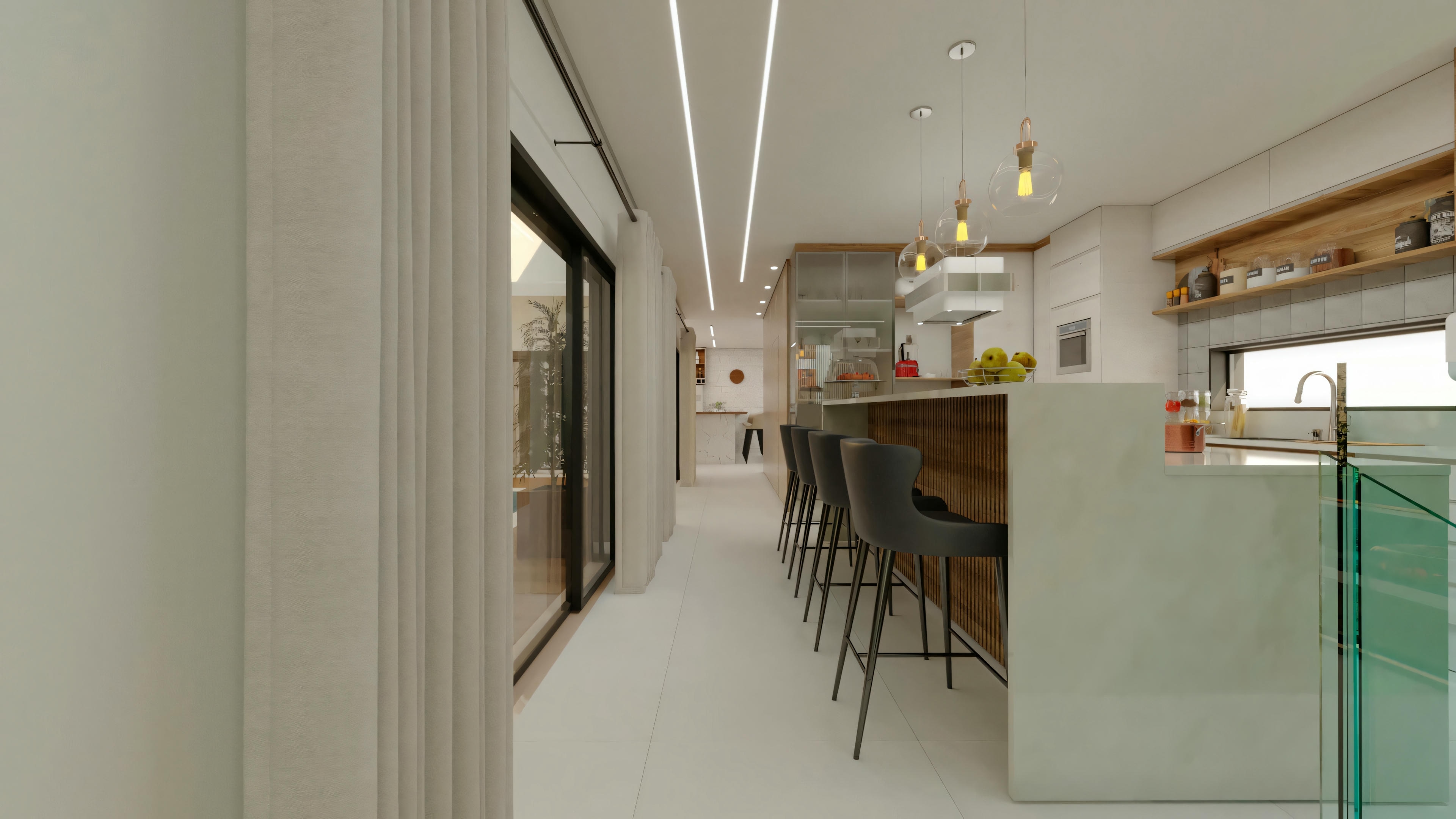 Modern kitchen and dining area with contemporary furniture and an environment lit by natural light.