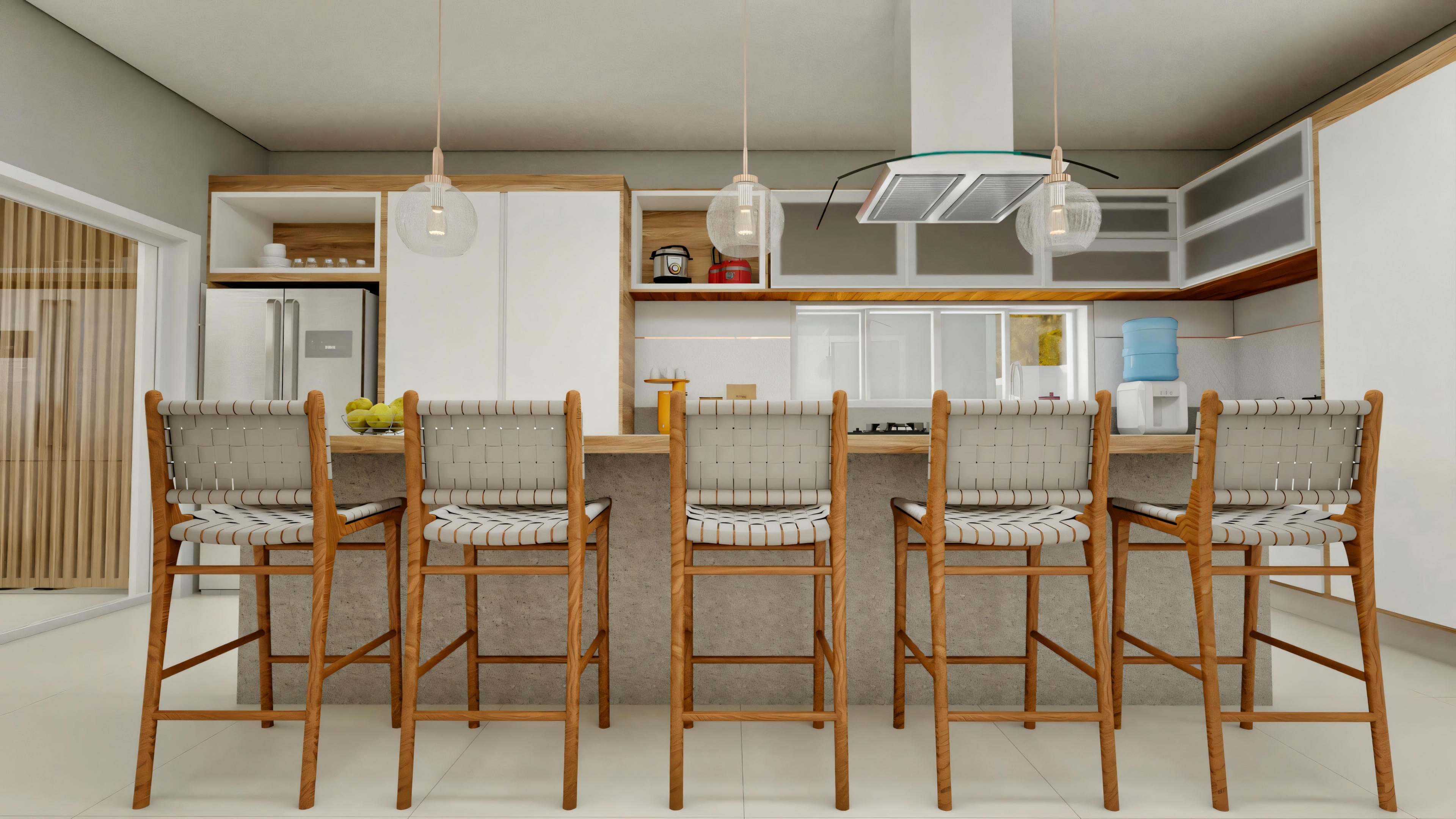 Wooden countertop for meals integrated into the kitchen's central island, front view with five tall wooden stools with fabric seats. Detail of the interior design of a 416sqm modern neoclassical house.