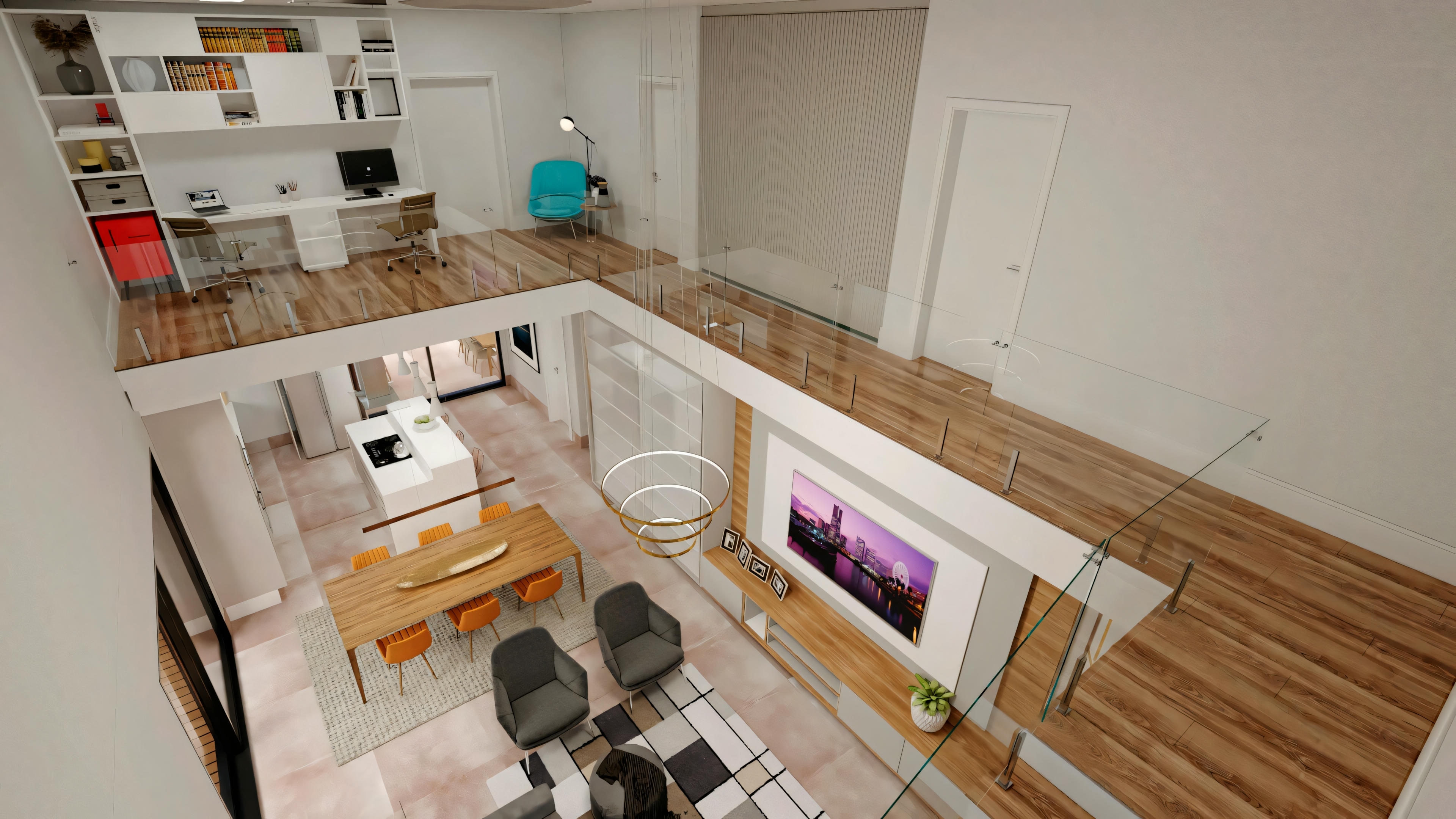 A modern kitchen with countertops, upper and lower cabinets, appliances, and an island with stools.