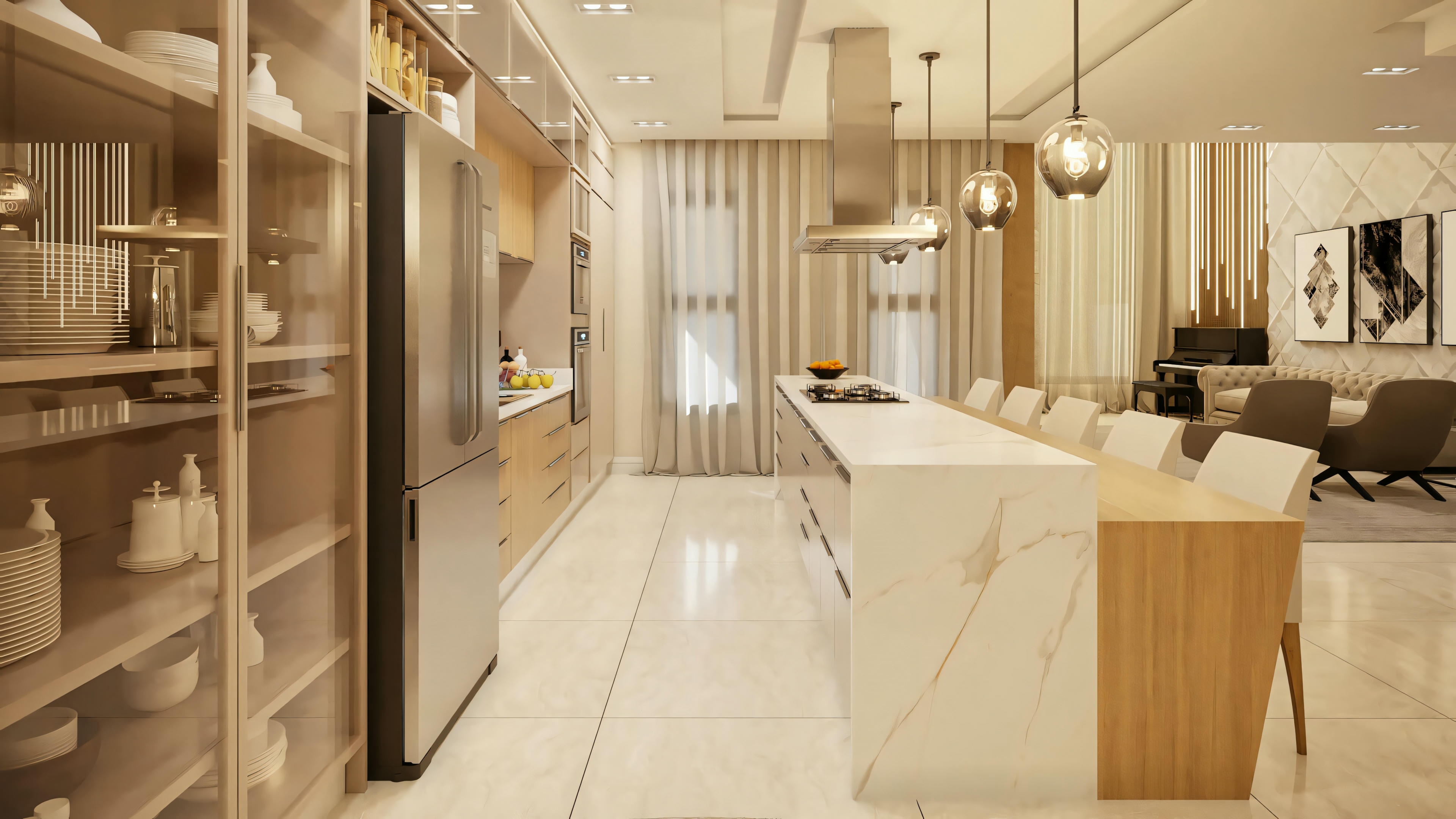 A modern kitchen with light wood cabinets, stainless steel appliances, and an island with seating.