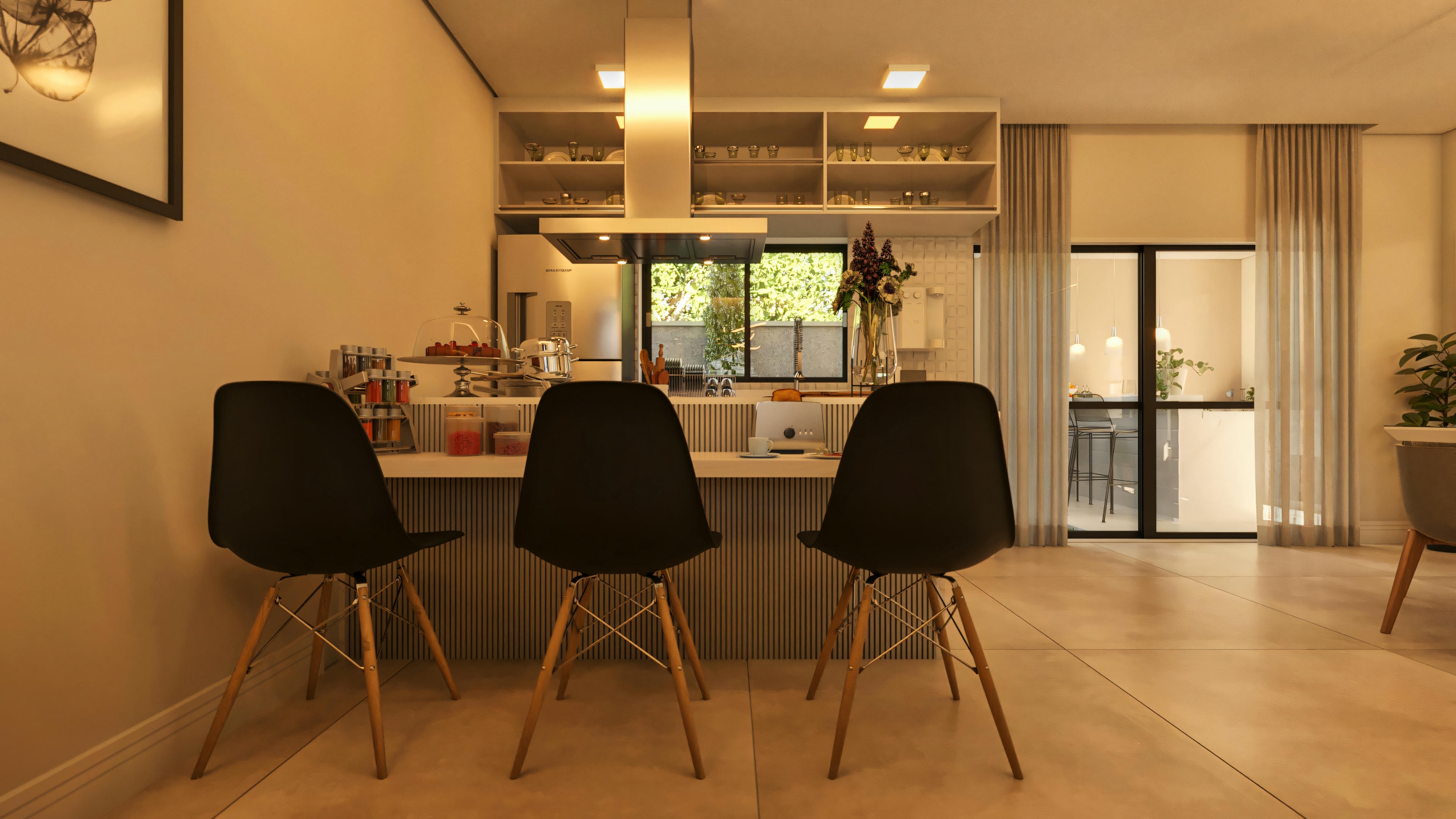 Modern kitchen with a peninsula counter and Eames stools, integrated into the living area in a two-story house. Details include open upper cabinets and a range hood. Part of the 210.57sqm plan.