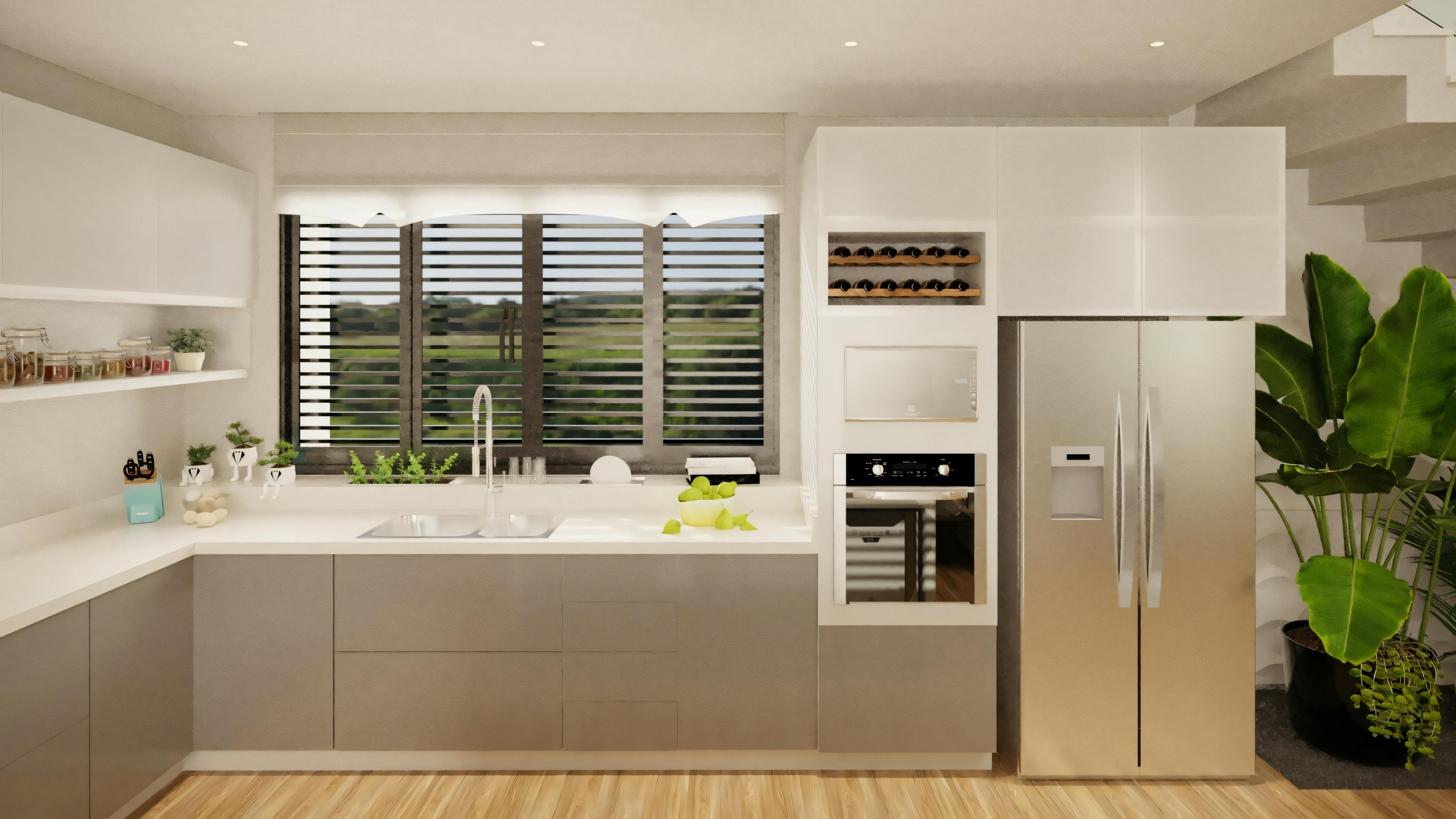 A modern kitchen with built-in appliances, including a refrigerator, oven, and microwave, in white cabinets.