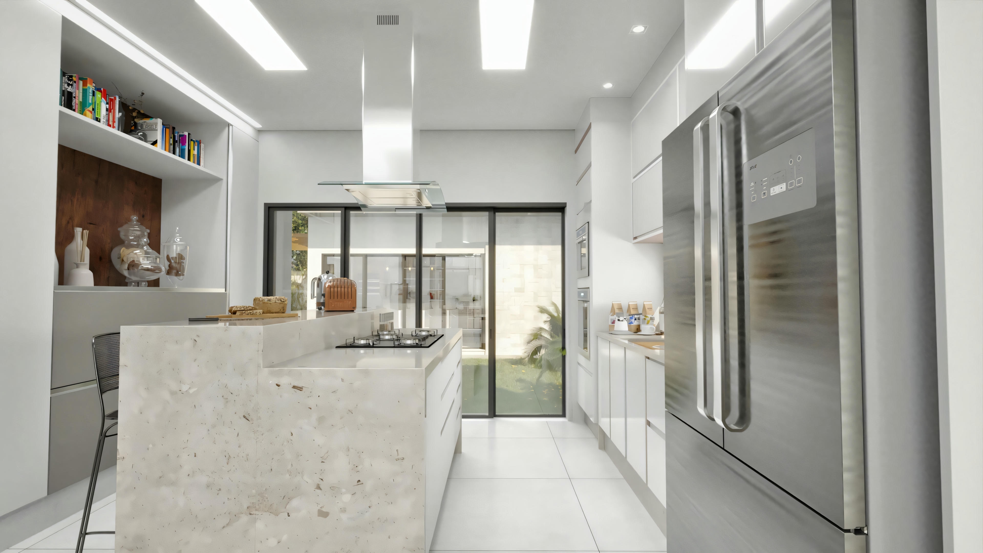 A modern kitchen with a minimalist design, stainless steel appliances, white cabinets, and pendant lights.