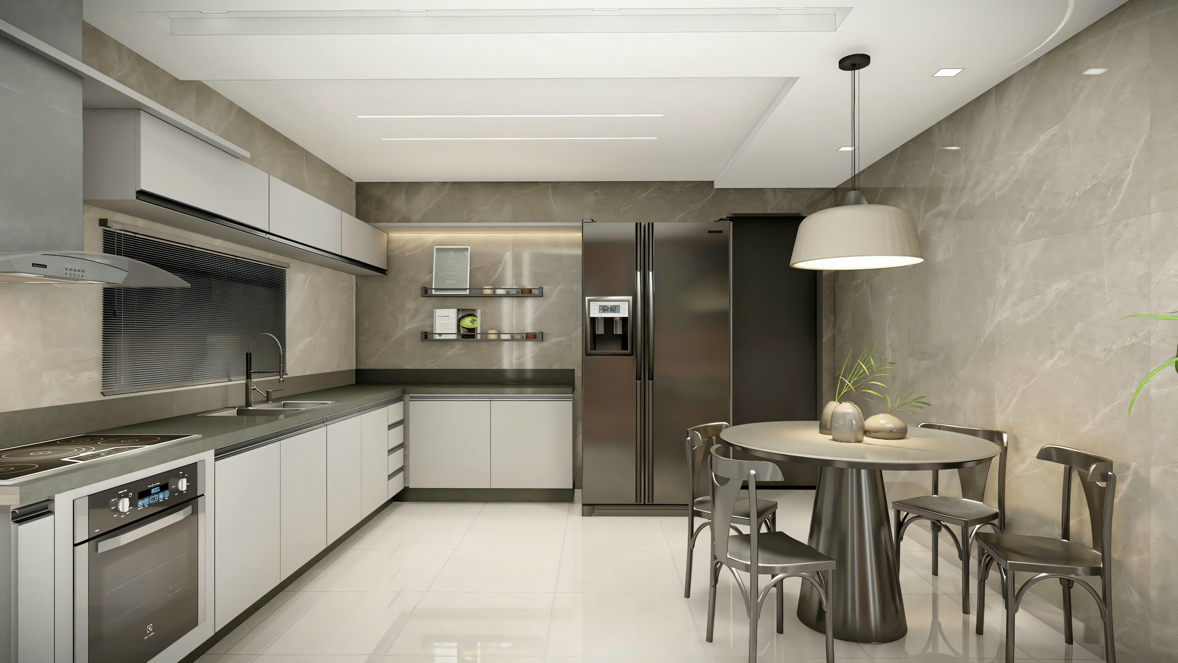 Modern kitchen with white cabinets, stainless steel appliances, and dining area with stools and round table.