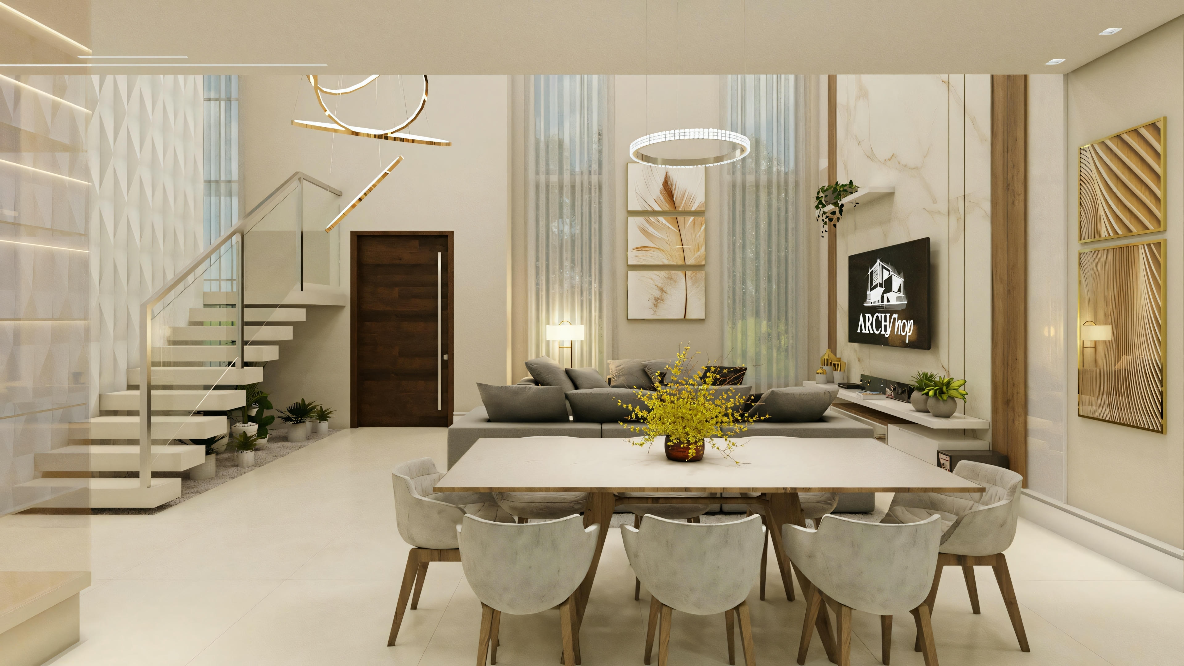 A modern living room with stairs, dining area, and bookshelf.