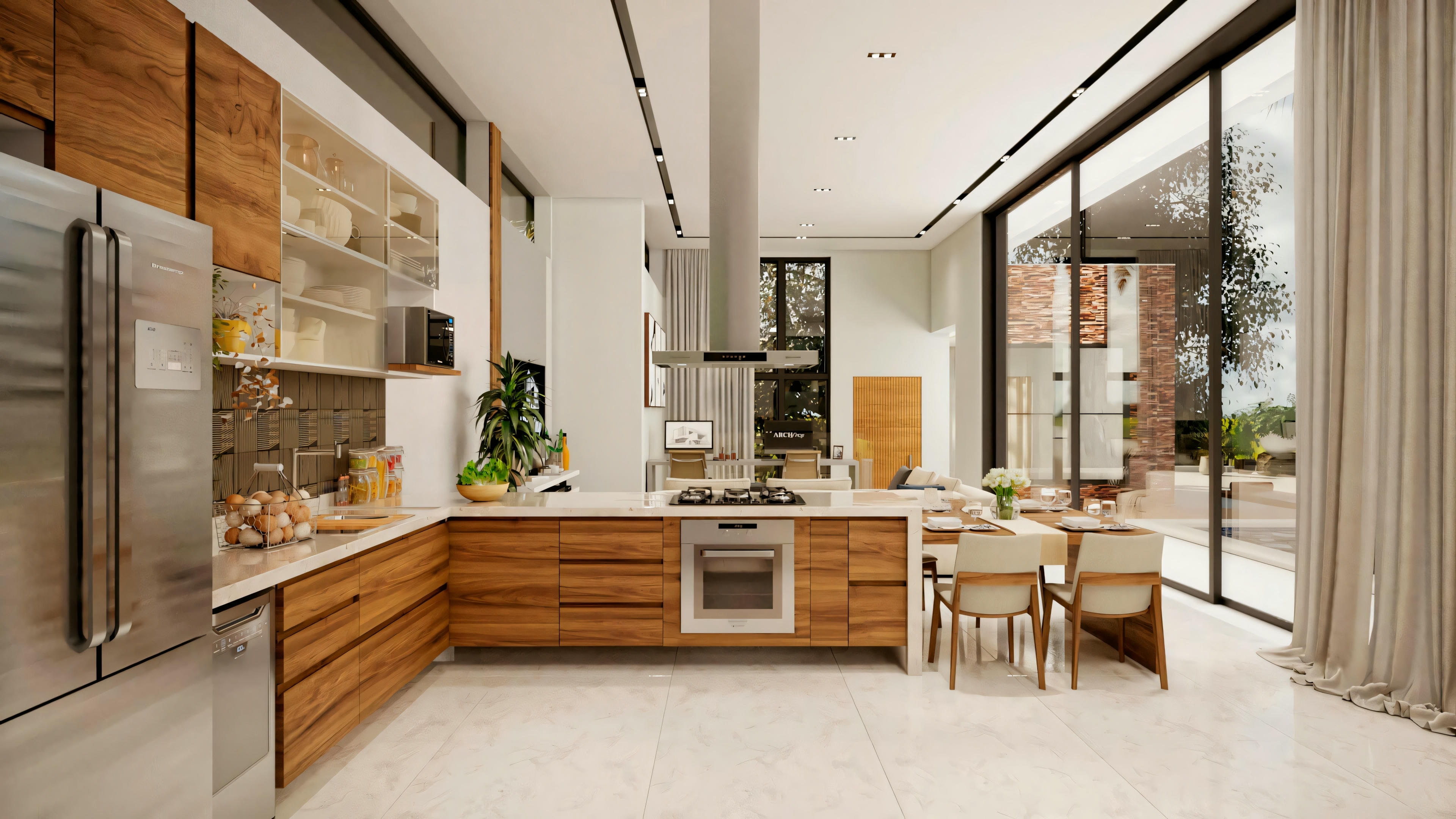 Modern living room with contemporary furniture, clean lines, and a neutral color palette with wood details.