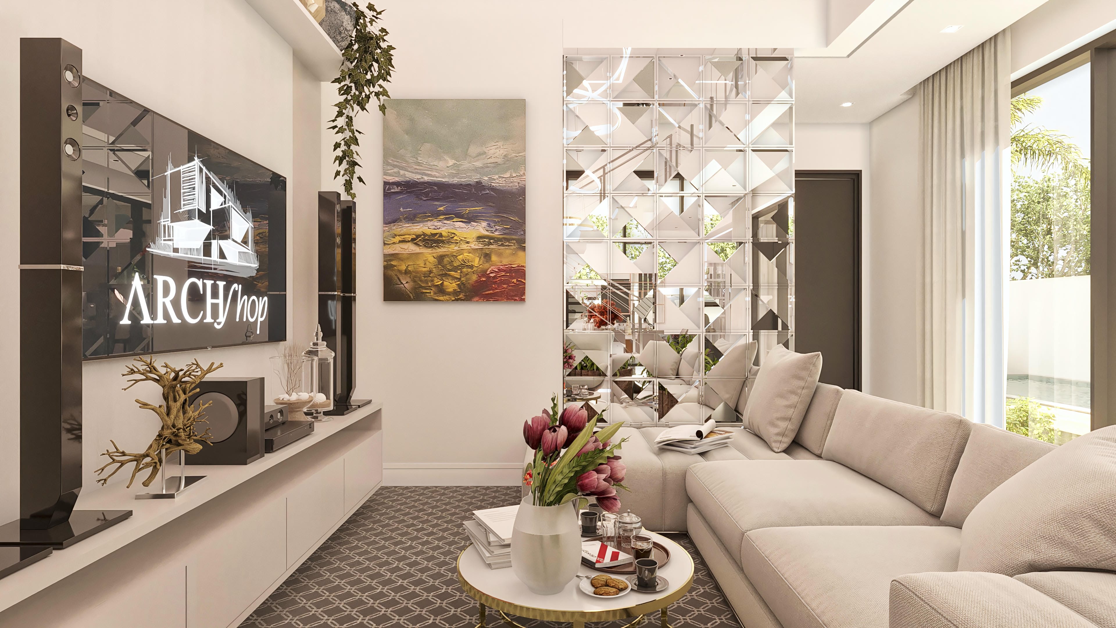 Living room with light sofas, TV panel with artworks, and mirrored room divider, elegantly integrating spaces.