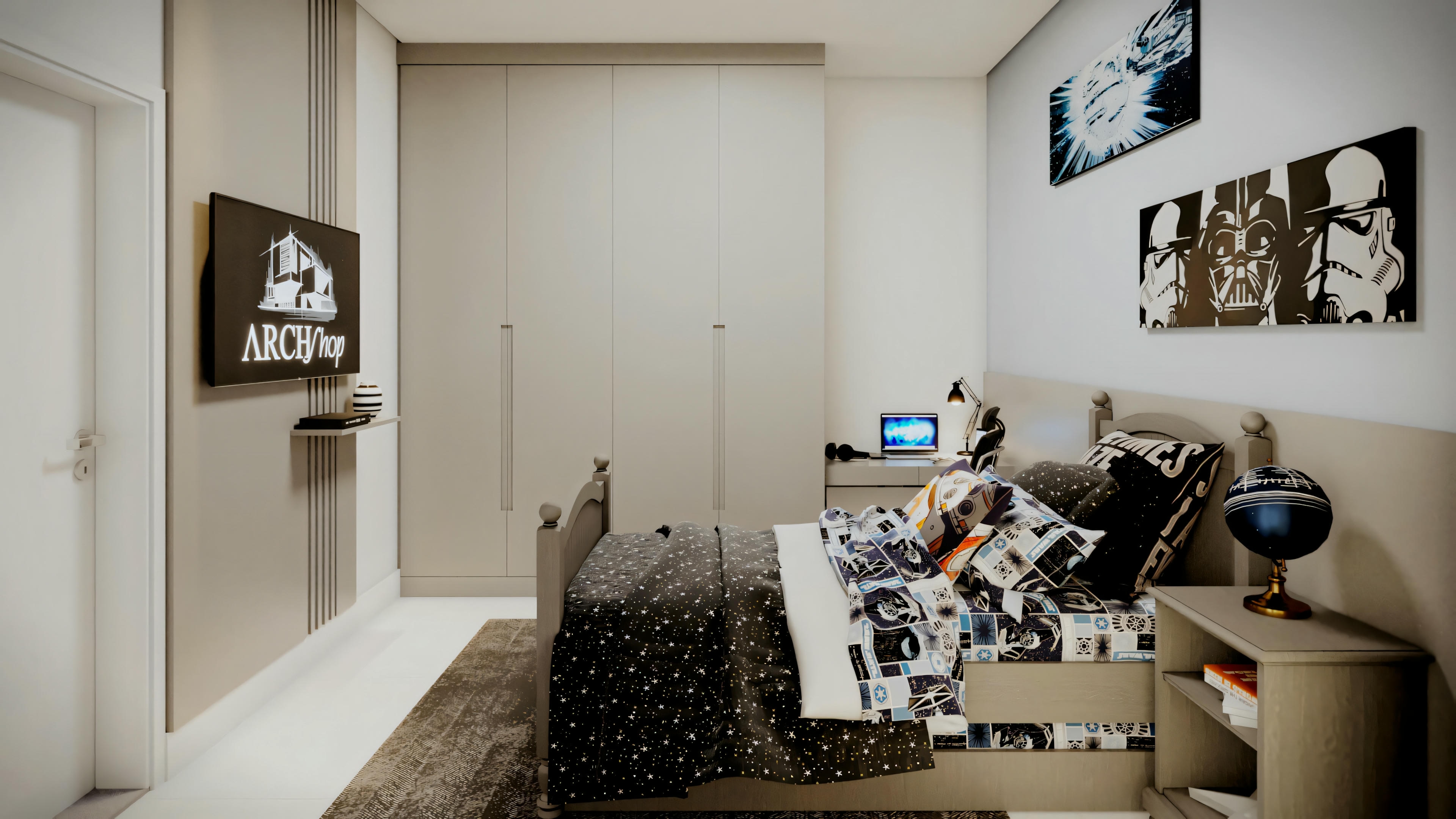A bedroom with a monochromatic color palette, wall art, and a guitar as part of the decor.