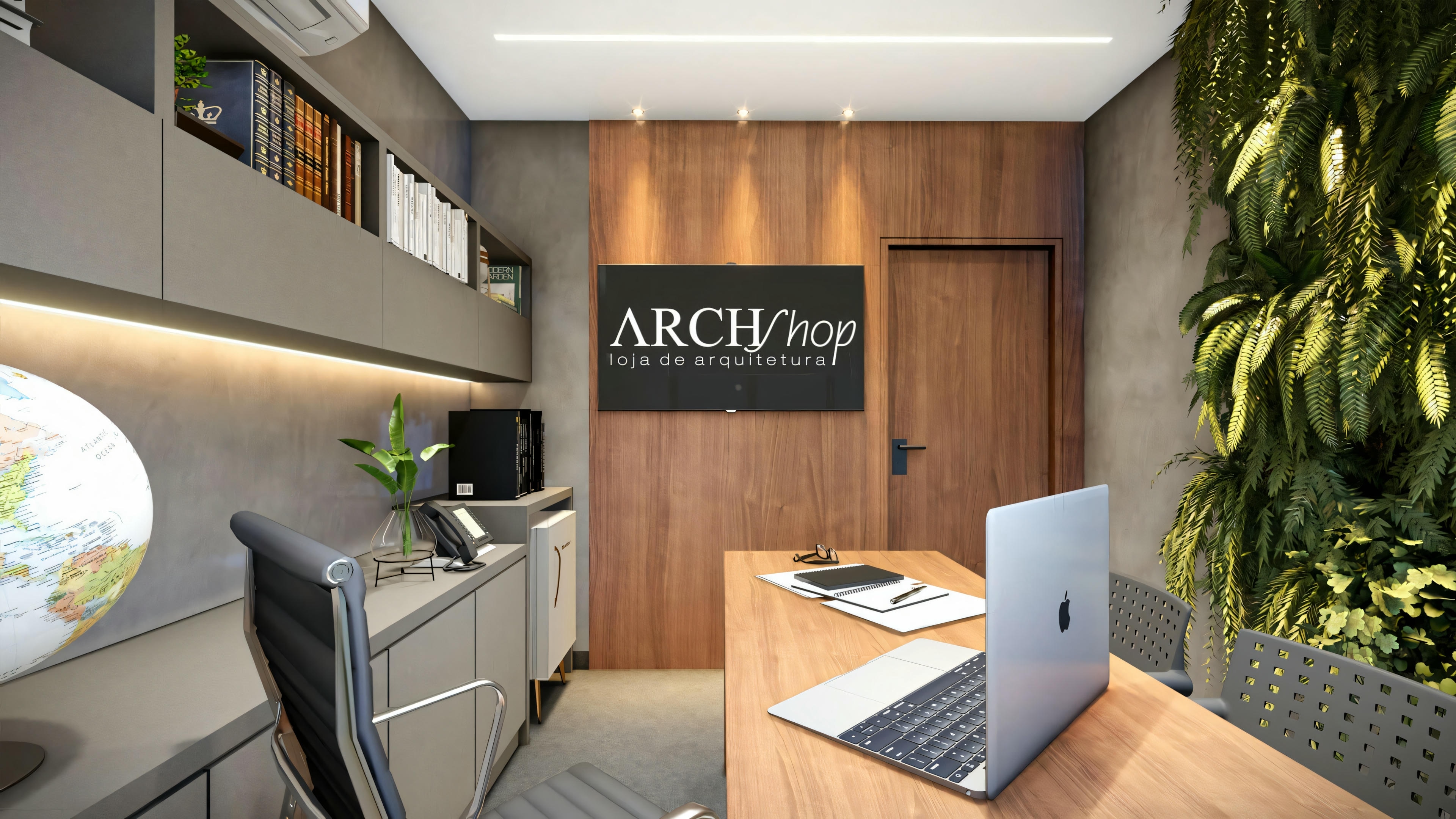 Oficina de arquitectura con escritorio, silla, computadora y estanterías.