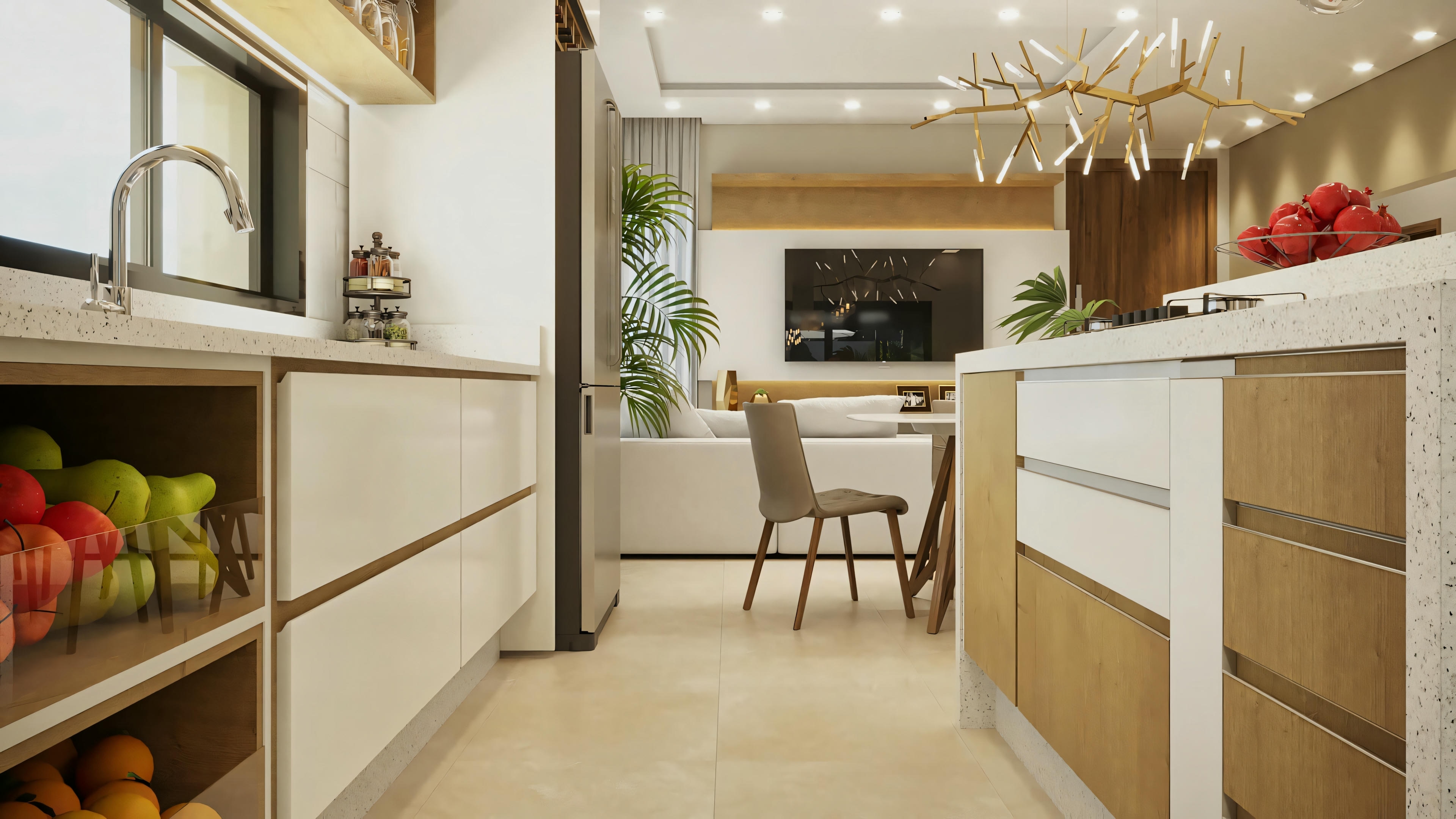 Perspectiva interna do projeto pronto de casa térrea com 2 suítes (170.8m²), olhando do corredor da cozinha para a sala de estar. Detalhes da cozinha planejada e ilha em primeiro plano, com a área de living ao fundo.