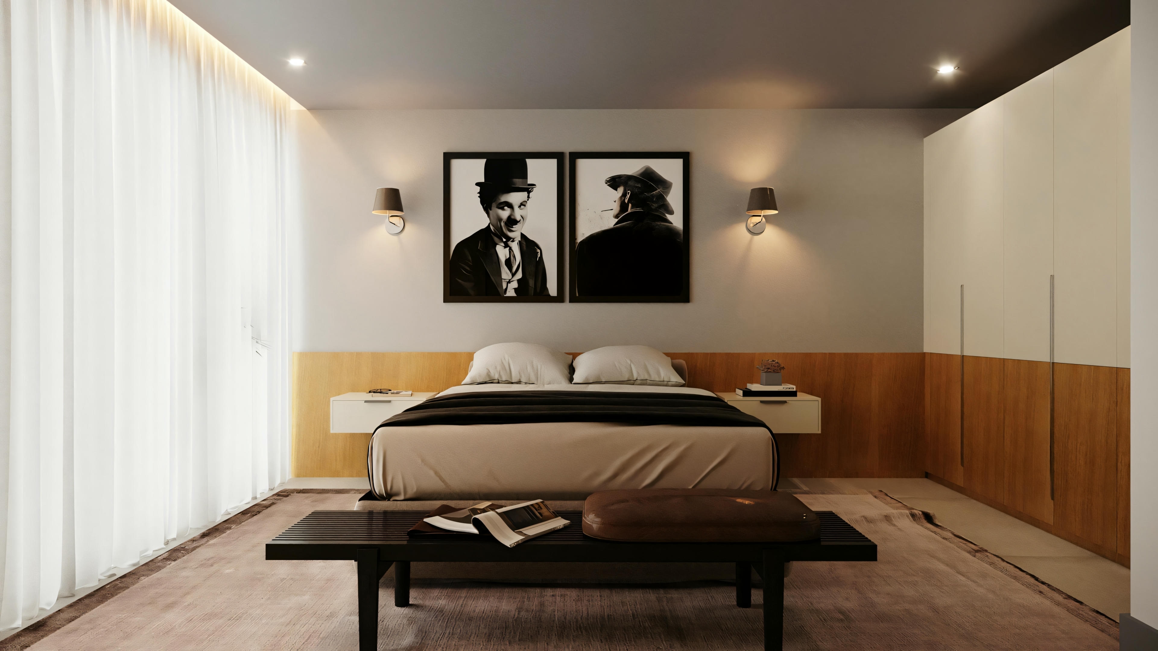 Um quarto com uma cama grande, cabeceira de madeira e painéis laterais. Acima da cama, há quadros emoldurados e um tapete no chão.