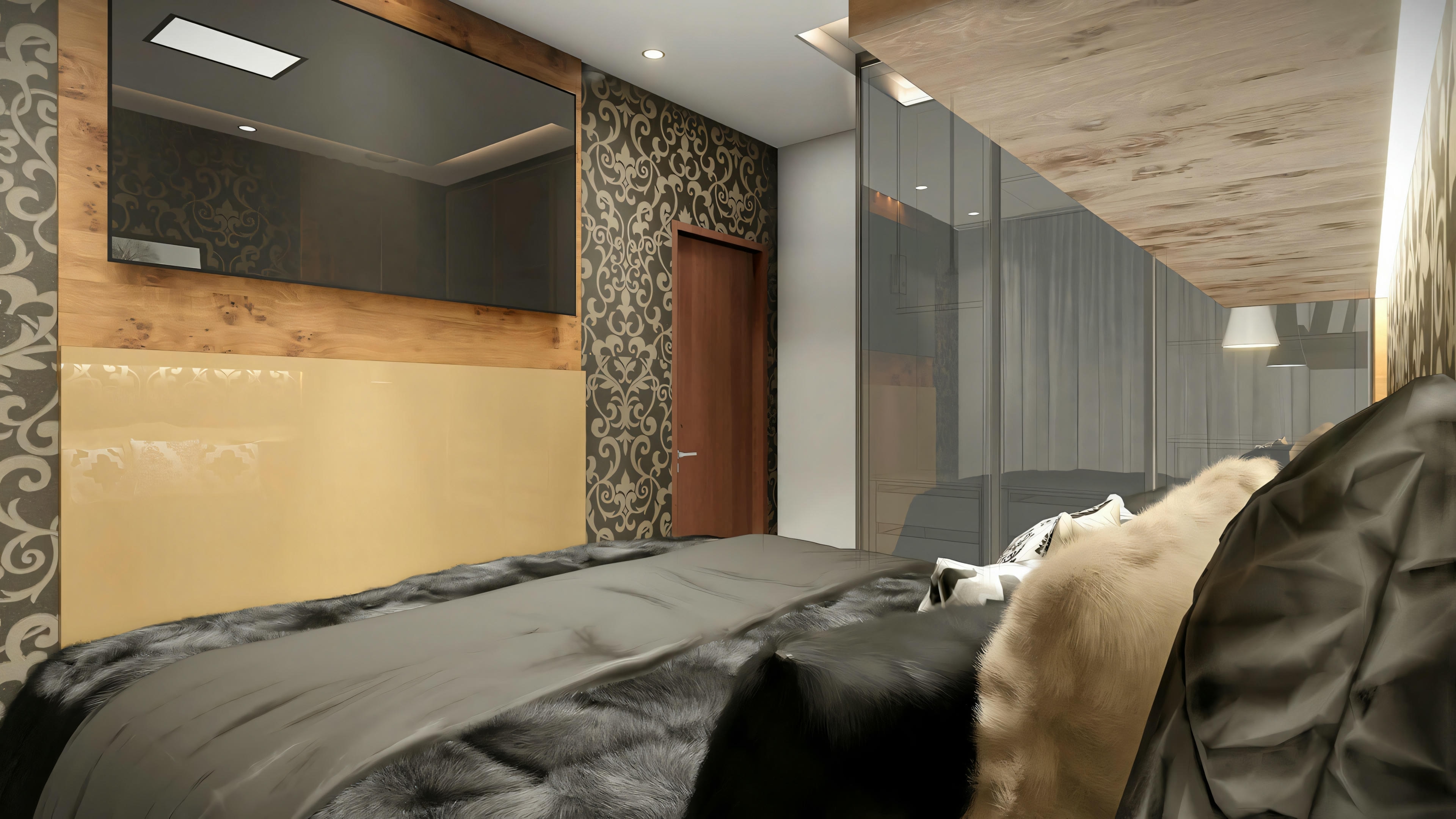 Quarto de casal moderno decorado com cama posta, cabeceira combinando painel liso, madeira e papel de parede estampado, porta e detalhe de armário em vidro.
