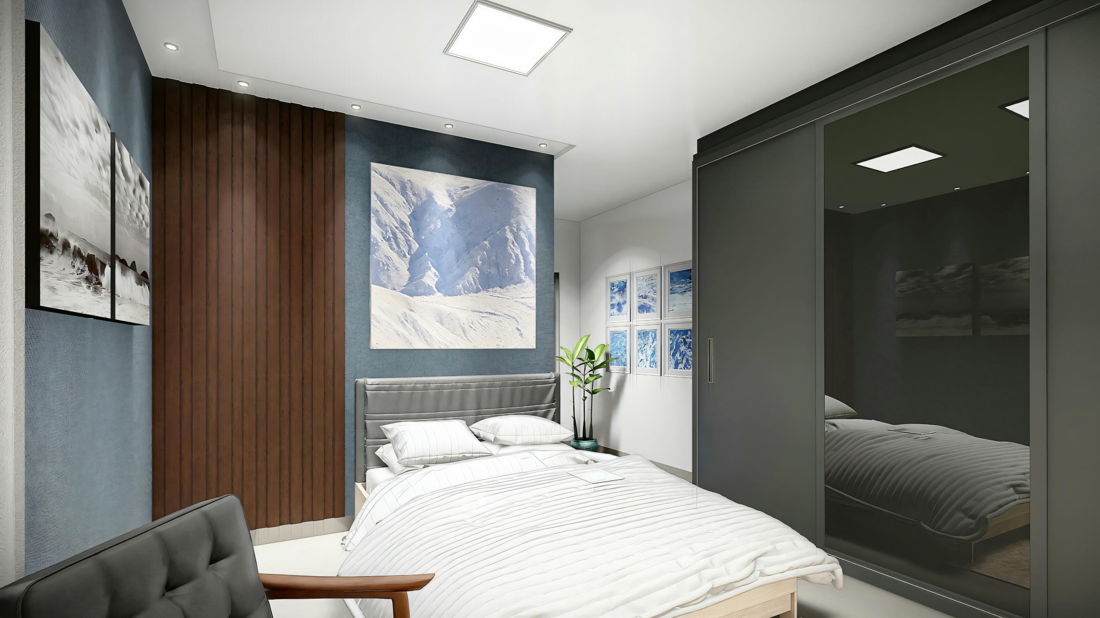 Quarto moderno com cama de roupa de cama cinza, grande quadro acima da cabeceira e design minimalista com cores suaves.