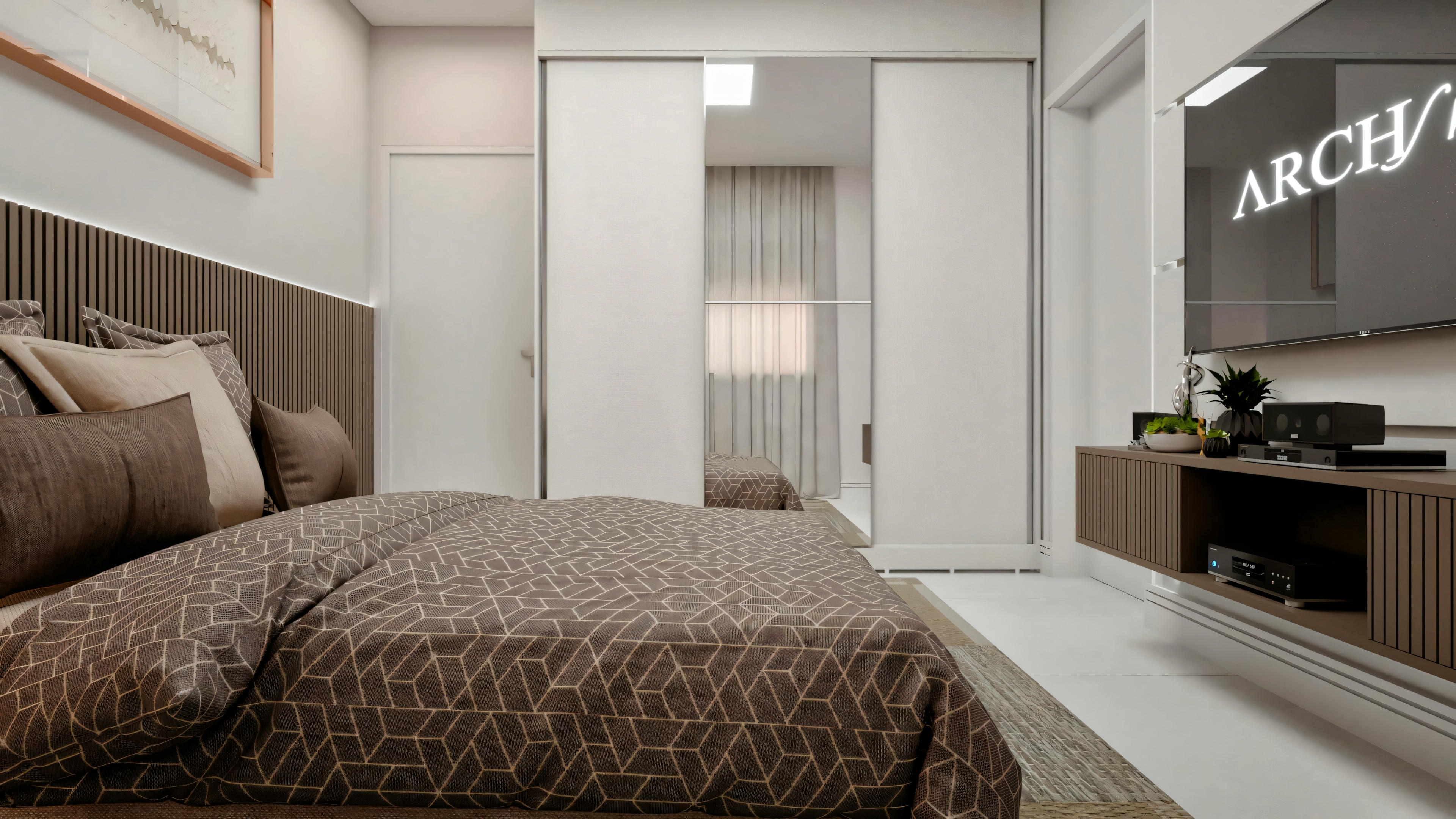 Um quarto moderno com cama grande, mesas laterais brancas e armário embutido com portas deslizantes.