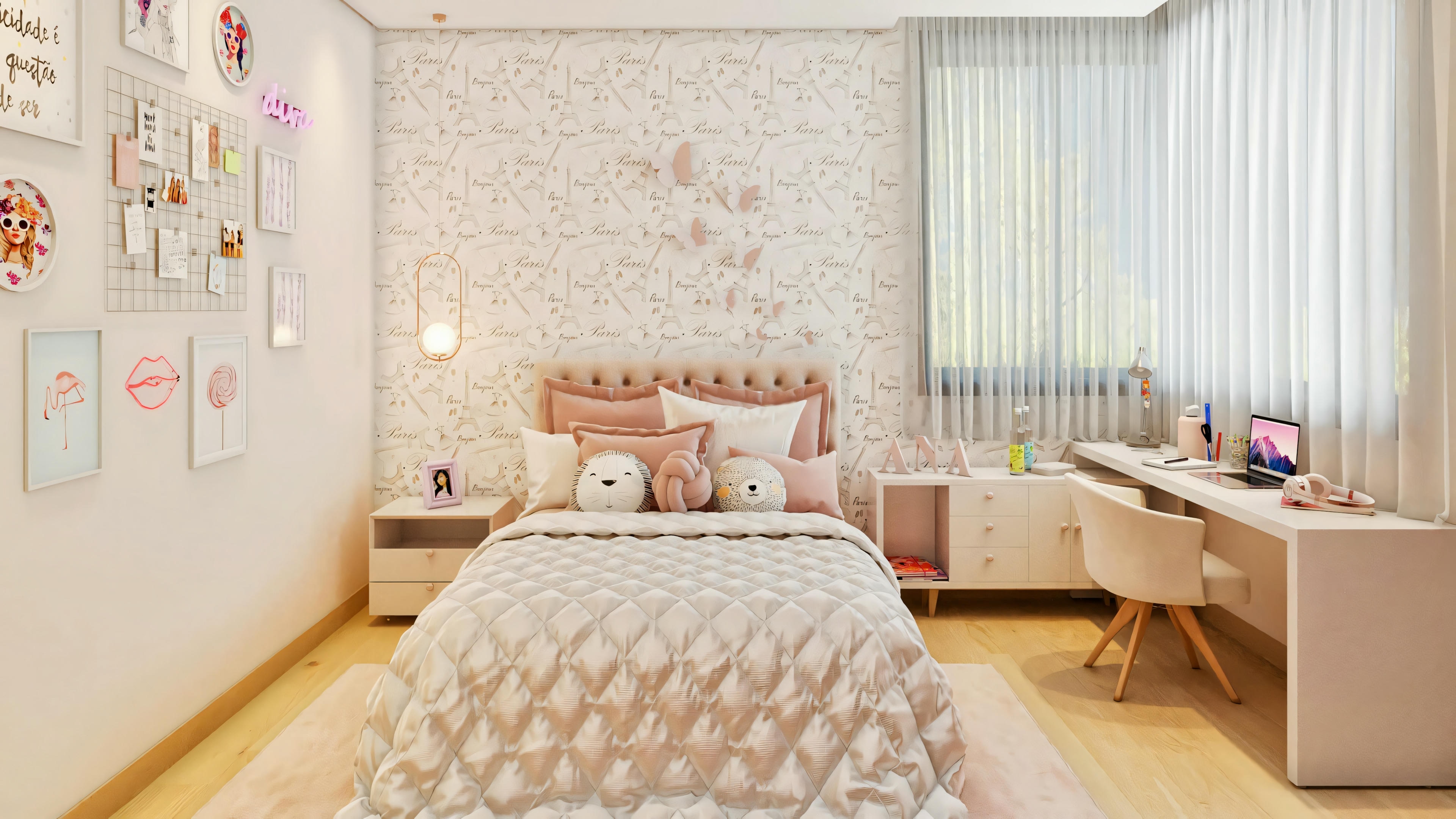 Room decoration (suite) with a Paris theme in a ready-made single-story house project (5 suites). Environment shows a bed with a pink headboard, study desk, wallpaper, and decoration on the side wall (paintings, wire panel).