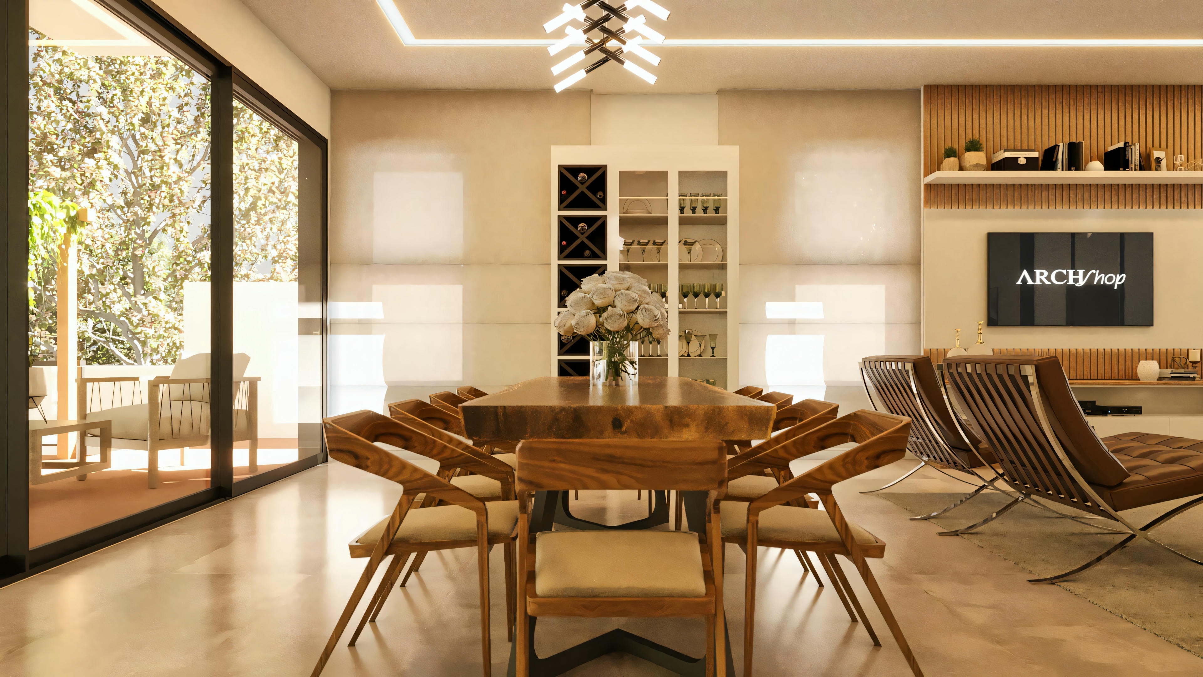 Comedor de proyecto de casa moderna con mesa de madera, integrada a la sala de estar con panel de TV y al área externa a través de puertas de vidrio. Armario/bodega blanco al fondo.