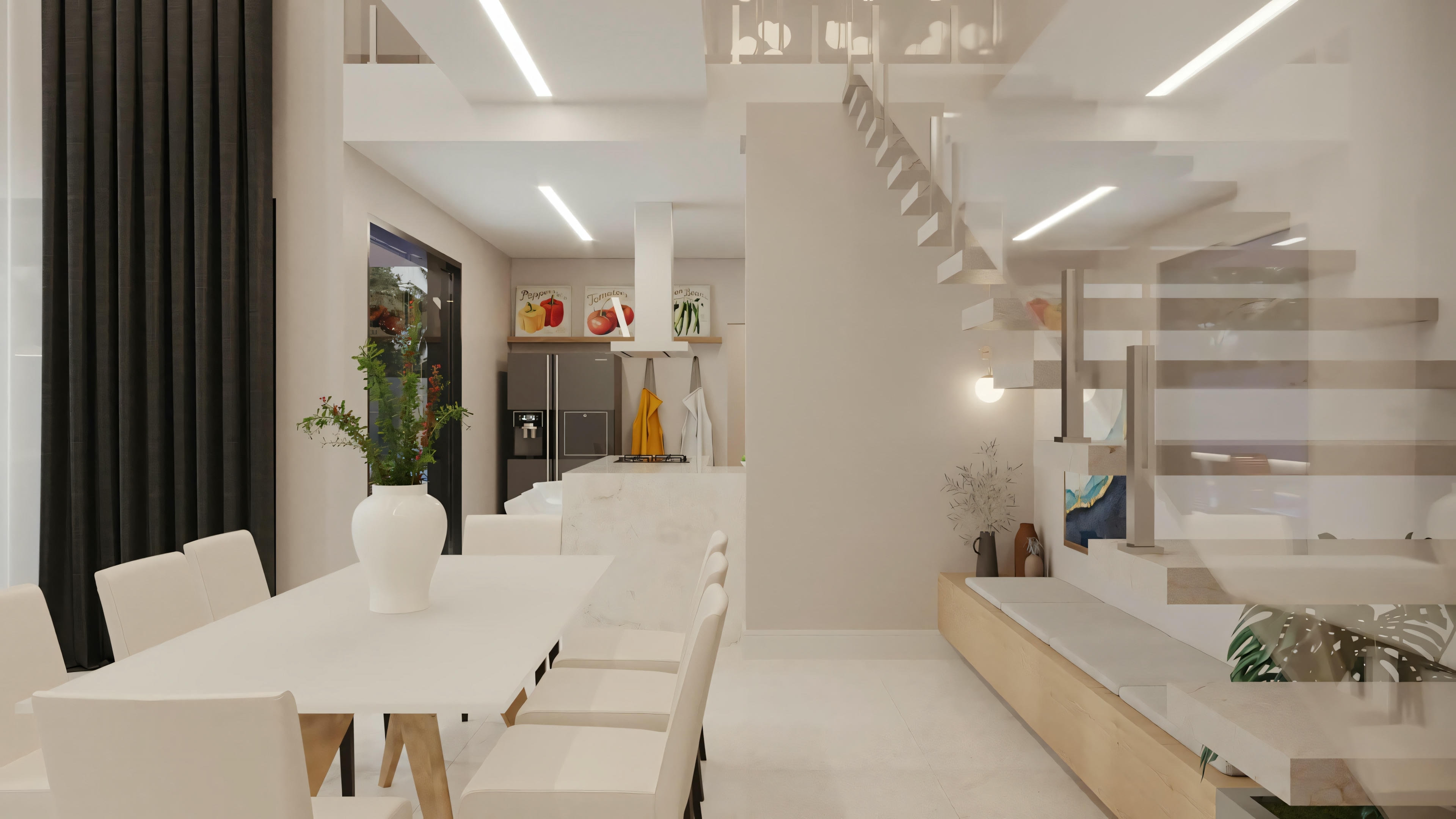 Uma área de estar moderna e aberta com conjunto de jantar, sofá e cozinha ao fundo.