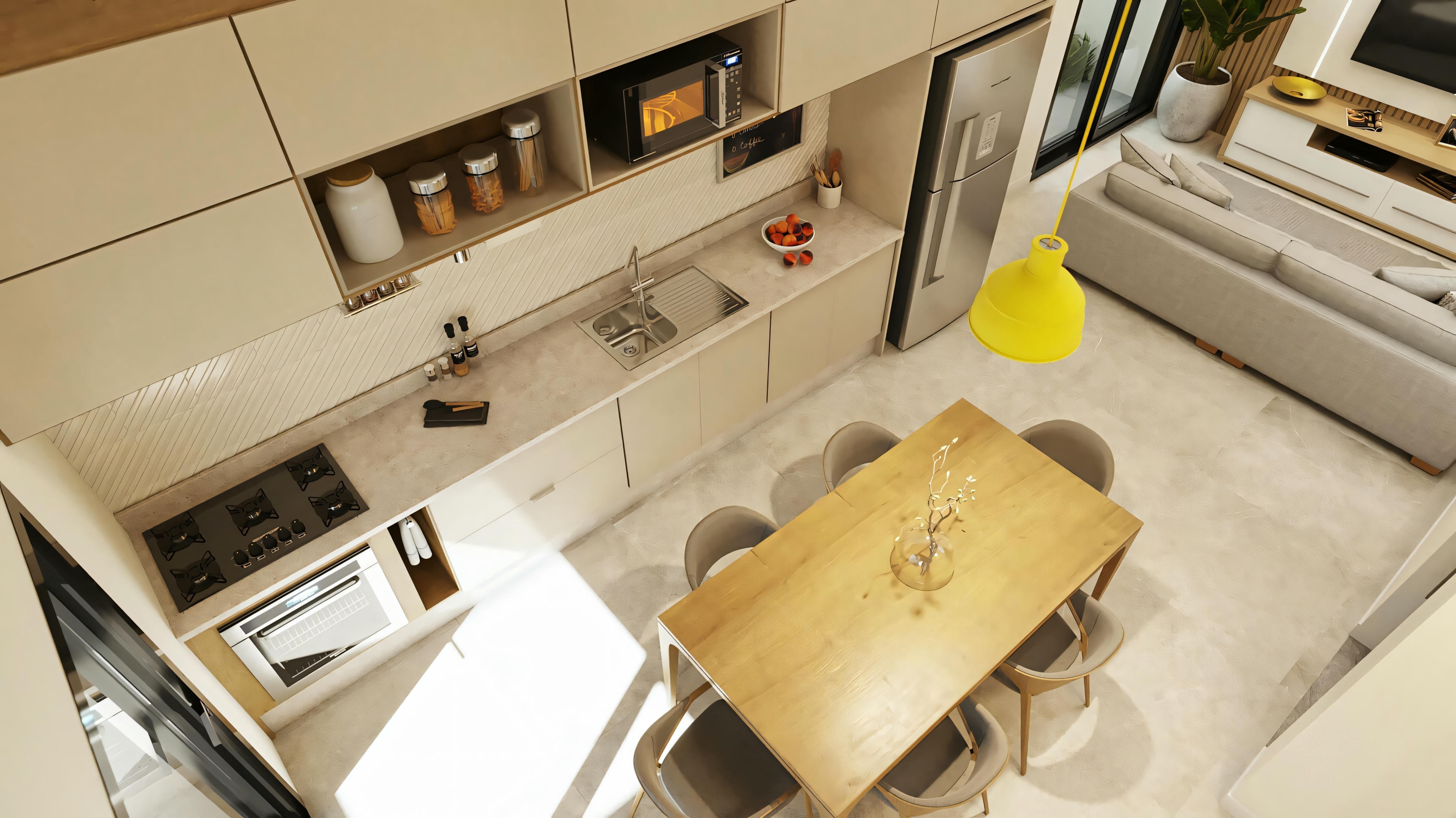 Espaço interior com móveis modernos, incluindo um sofá branco, mesa pequena com livros e item decorativo amarelo, e prateleiras embutidas na parede.