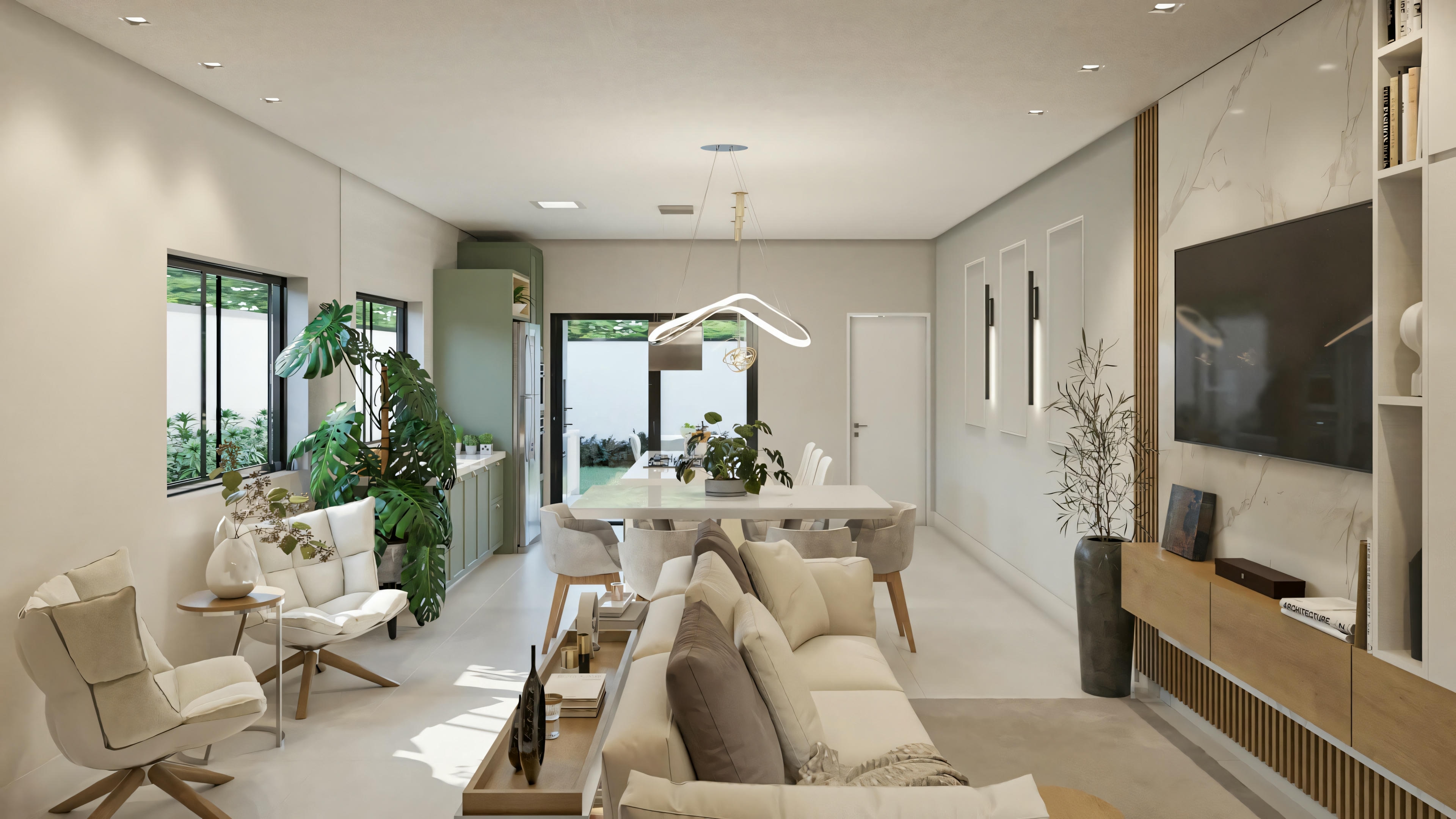 Sala de estar com sofás, cadeiras, mesa de centro e itens decorativos como espelhos e plantas.
