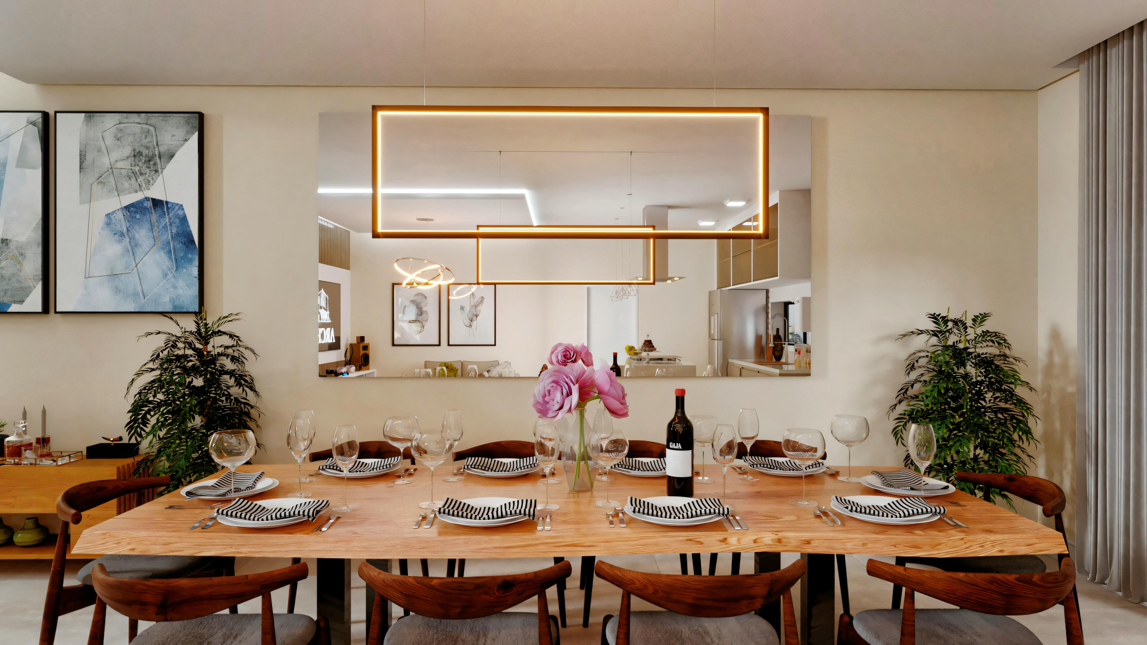 Uma sala de jantar com uma mesa de madeira preparada para seis pessoas. Há uma luminária retangular acima da mesa e vários elementos decorativos