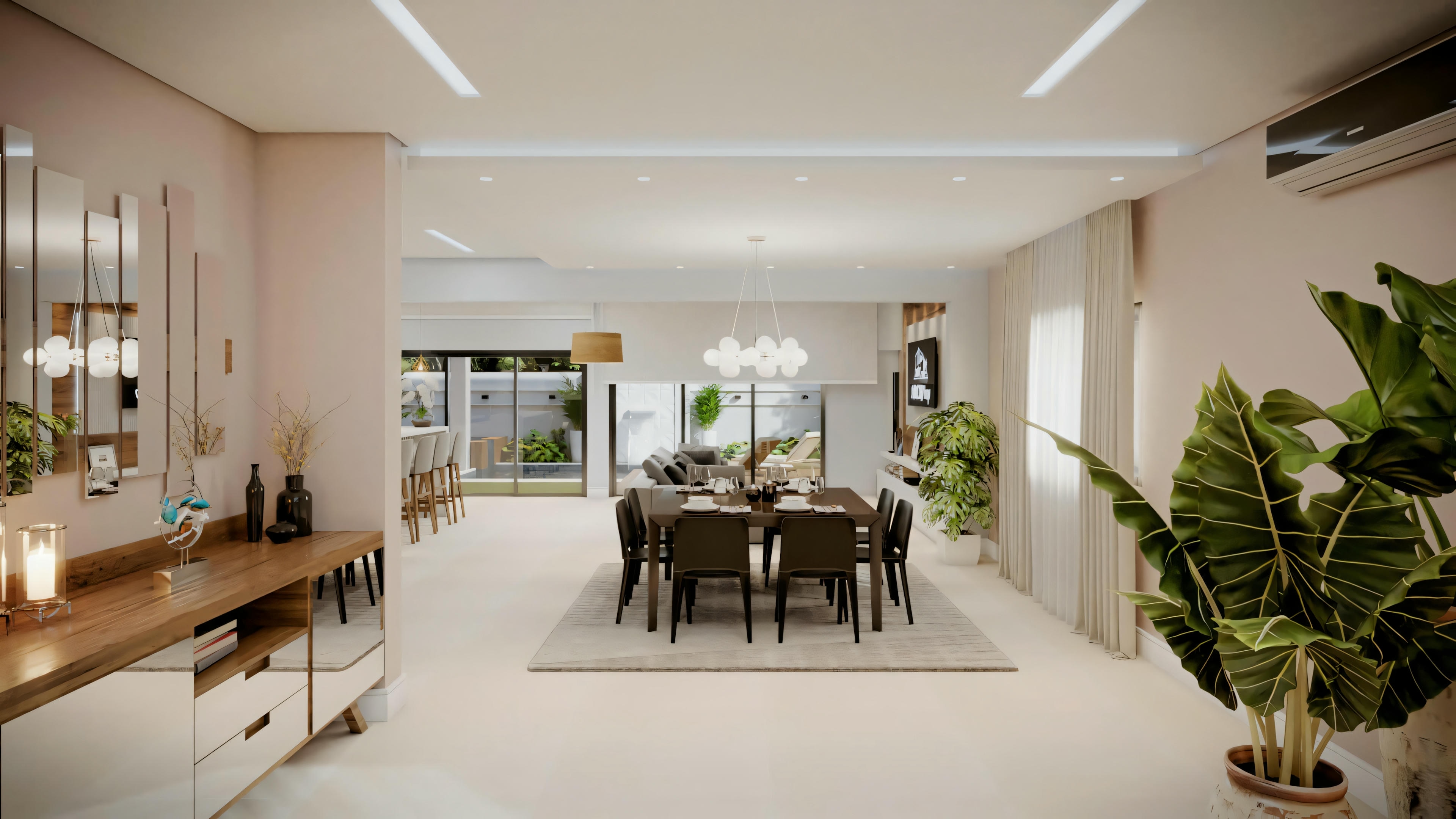Una sala de estar con asientos cómodos, plantas decorativas y grandes ventanales que permiten la entrada de luz natural.
