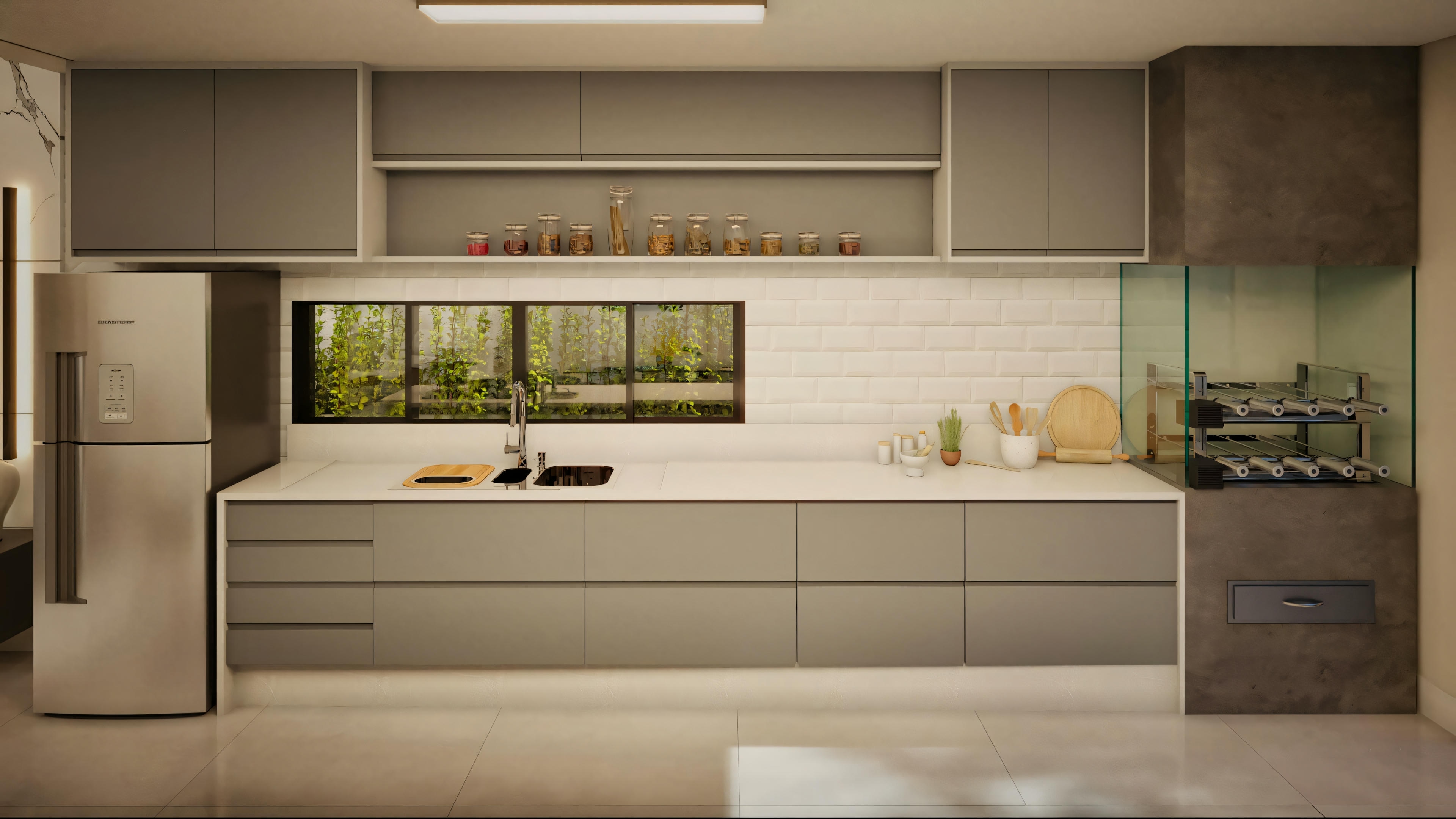 Sala de jantar en proyecto de casa de planta baja con 3 suites; mesa de comedor, sillas tapizadas, piso de porcelanato claro y mueble bar/cristalero al fondo.