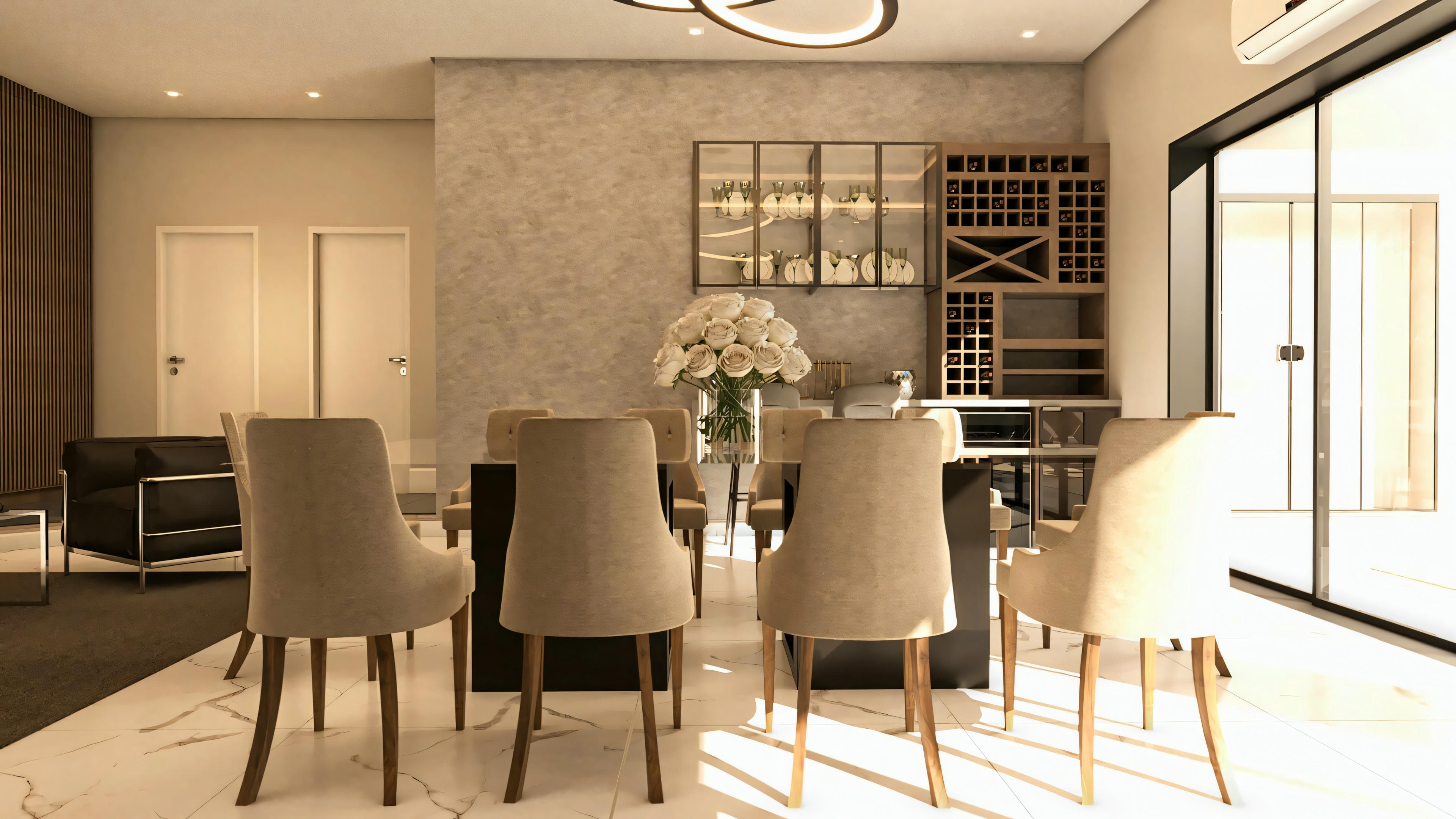 Sala de jantar em projeto de casa térrea com 3 suítes; mesa de jantar, cadeiras estofadas, piso em porcelanato claro e móvel bar/cristaleira ao fundo.
