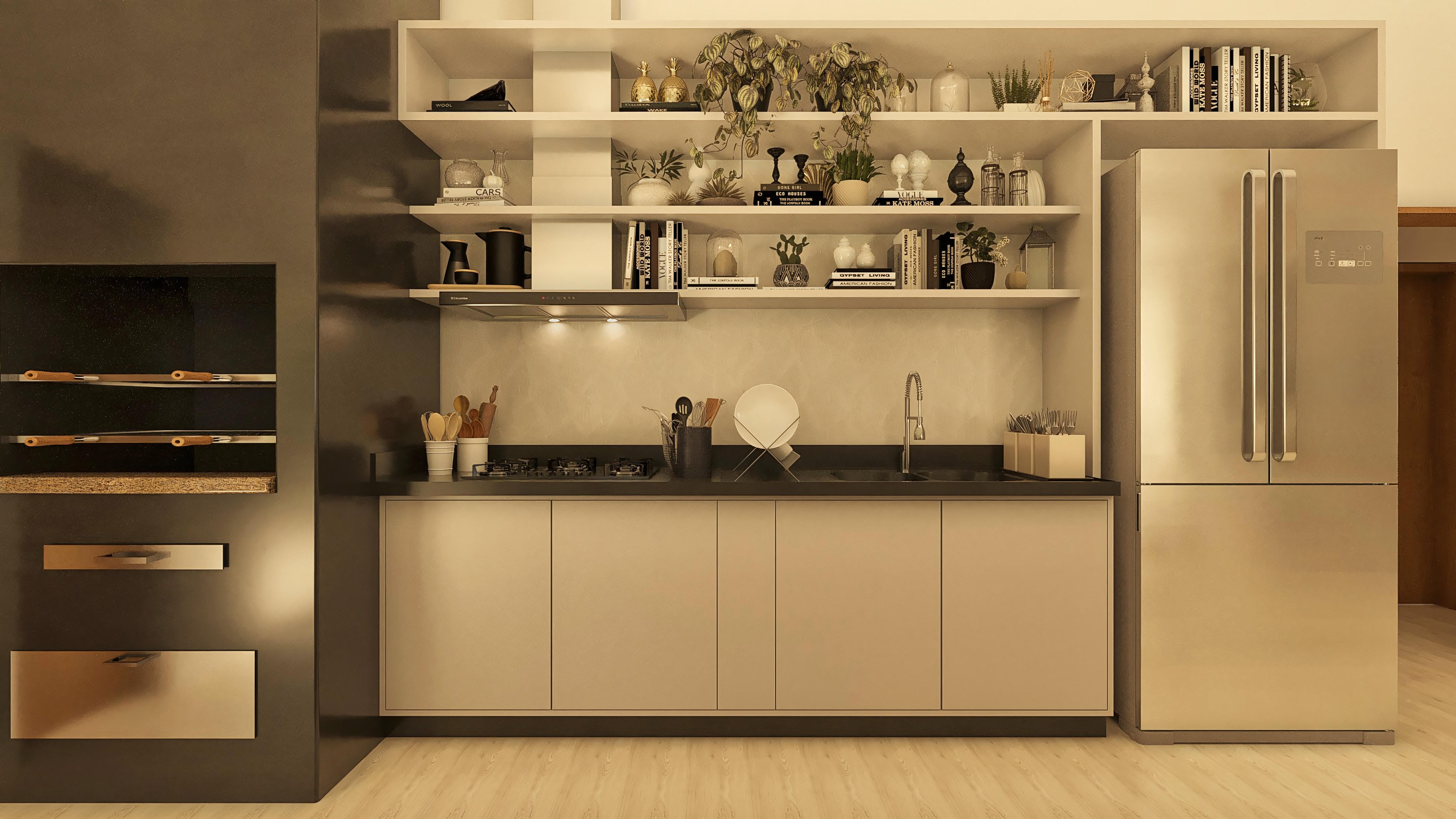 Modern kitchen with beige cabinets, dark counter, built-in stove, range hood, sink with articulated faucet, and stainless steel refrigerator. Gourmet area with barbecue grill.