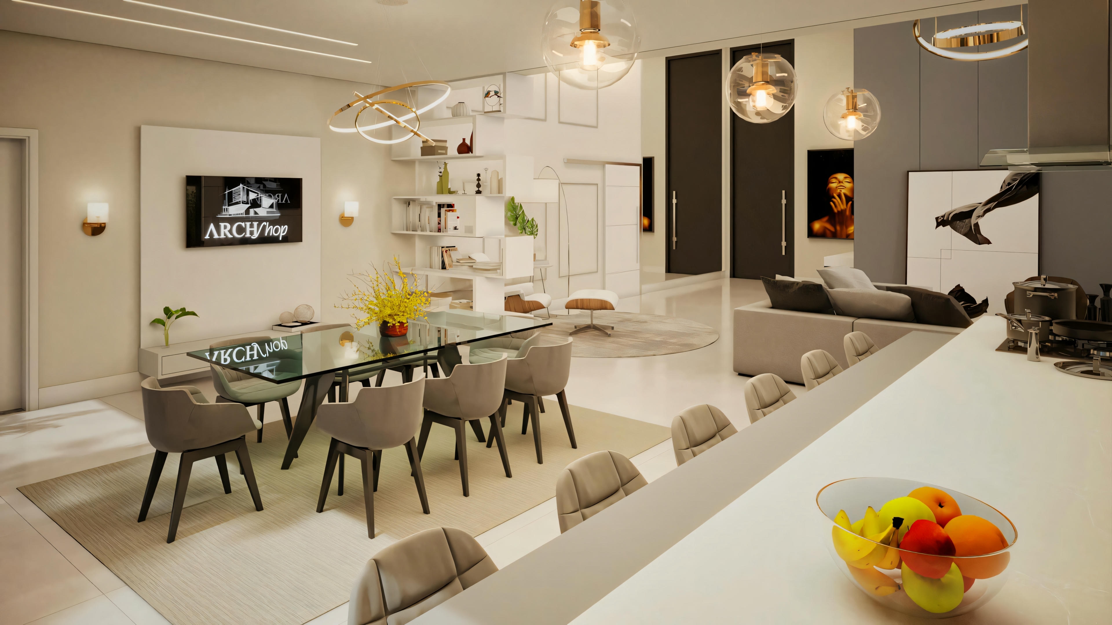 Área de jantar com mesa para seis pessoas e cozinha integrada com banquetas.