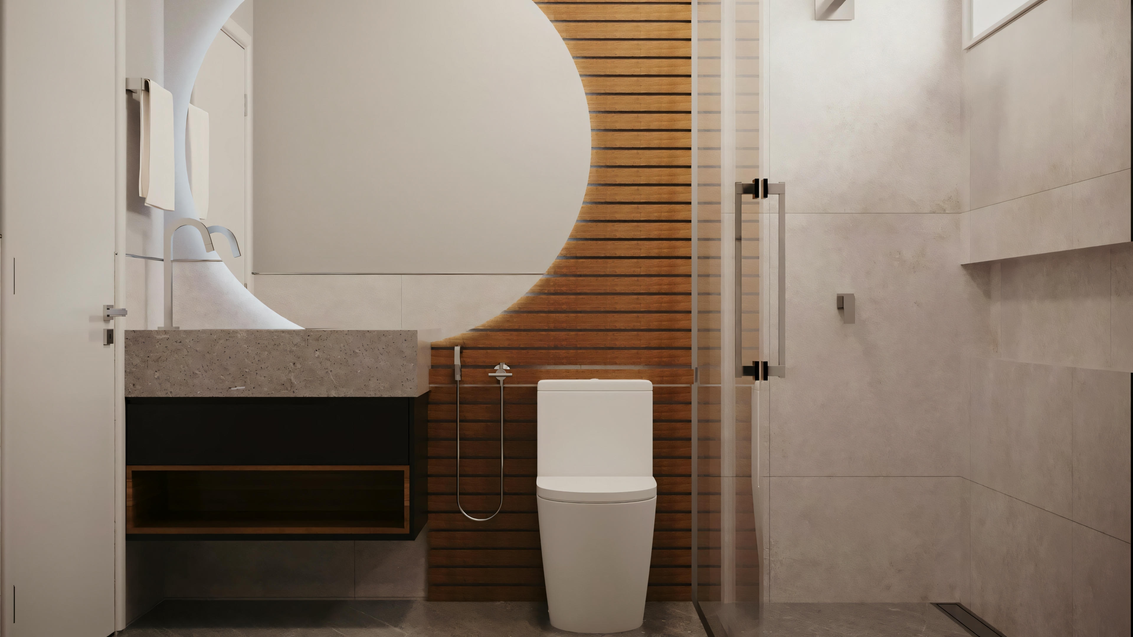 Um banheiro moderno com uma banheira freestanding, vaso sanitário e uma escada de madeira que leva a outro nível.
