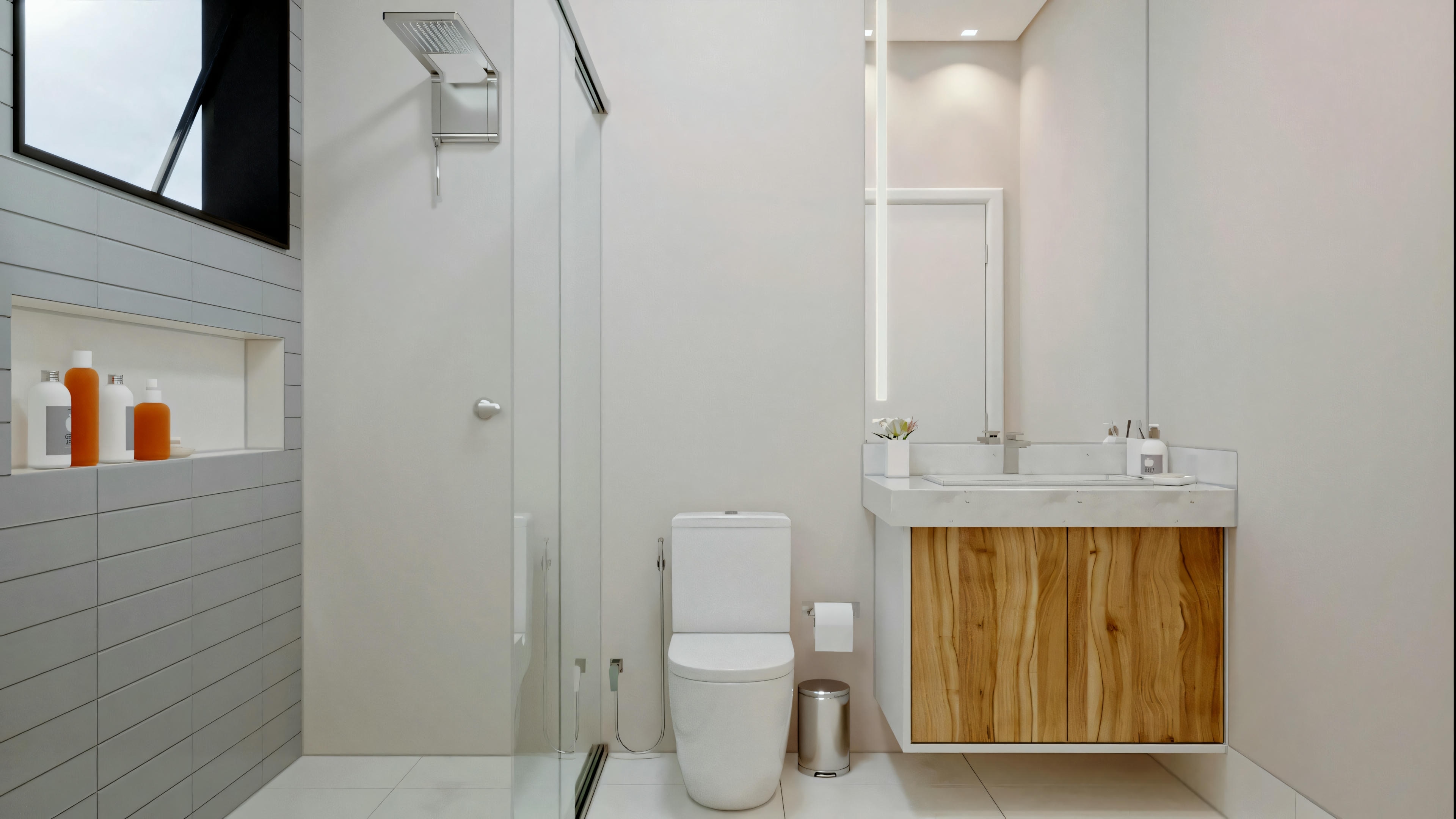 Baño moderno con paredes blancas, inodoro a la izquierda, gabinete de madera con lavabo y espejo arriba a la derecha, y accesorios naranja en la pared.