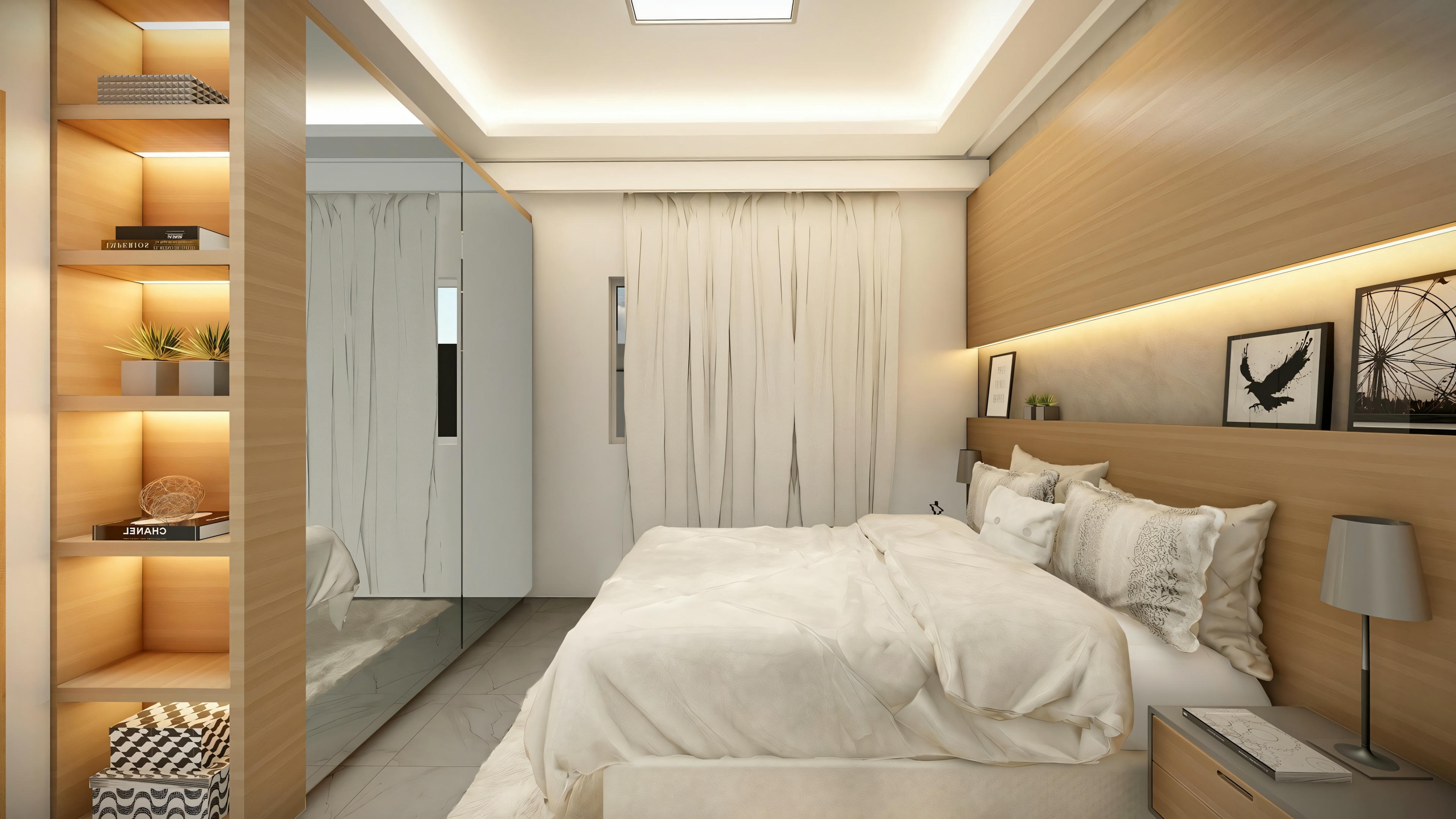 Interior view of a bedroom with a large bed, side tables, and cozy decoration.
