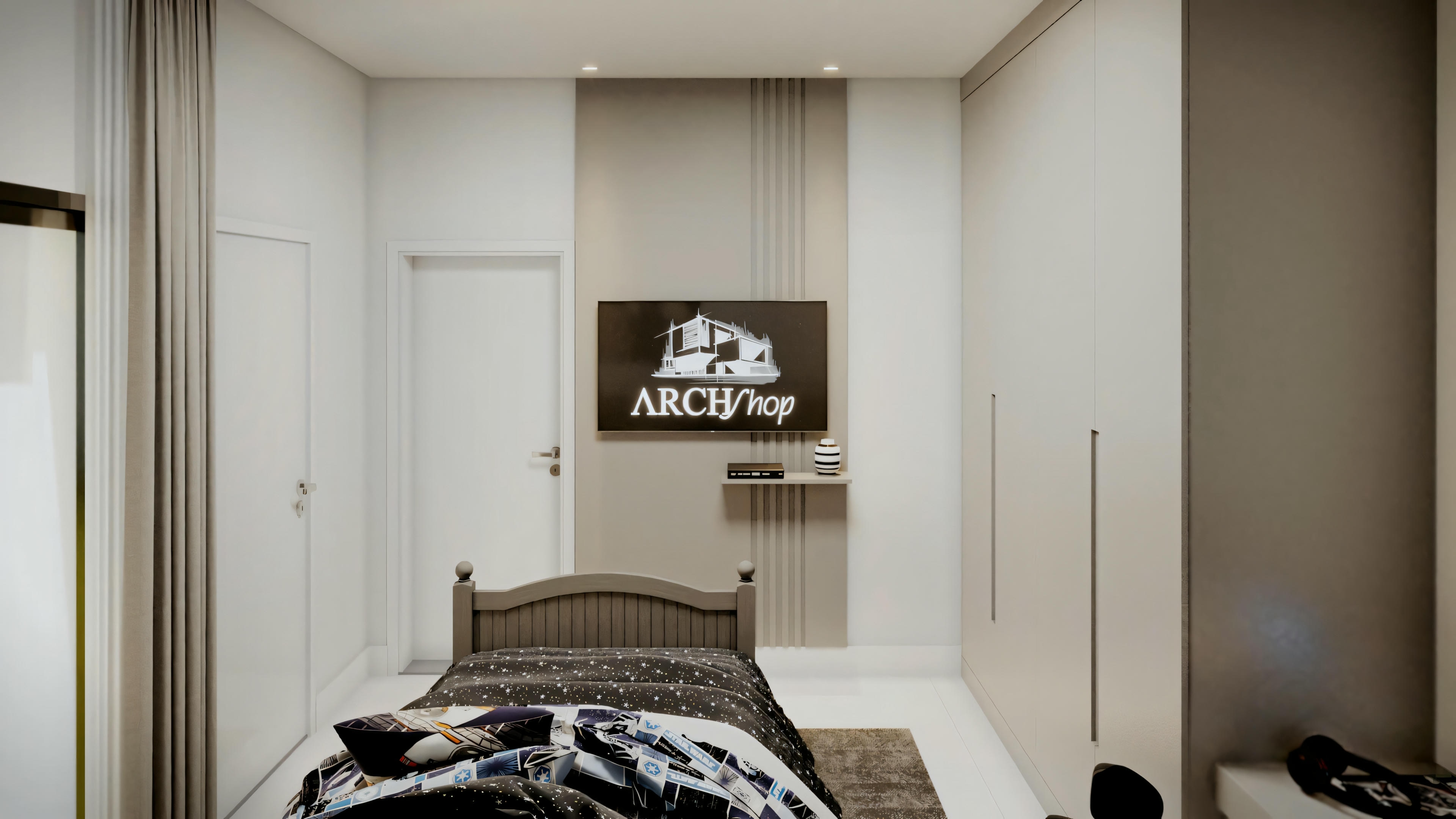 Bedroom with a large bed in the center, nightstands on either side, and artwork above the headboard.