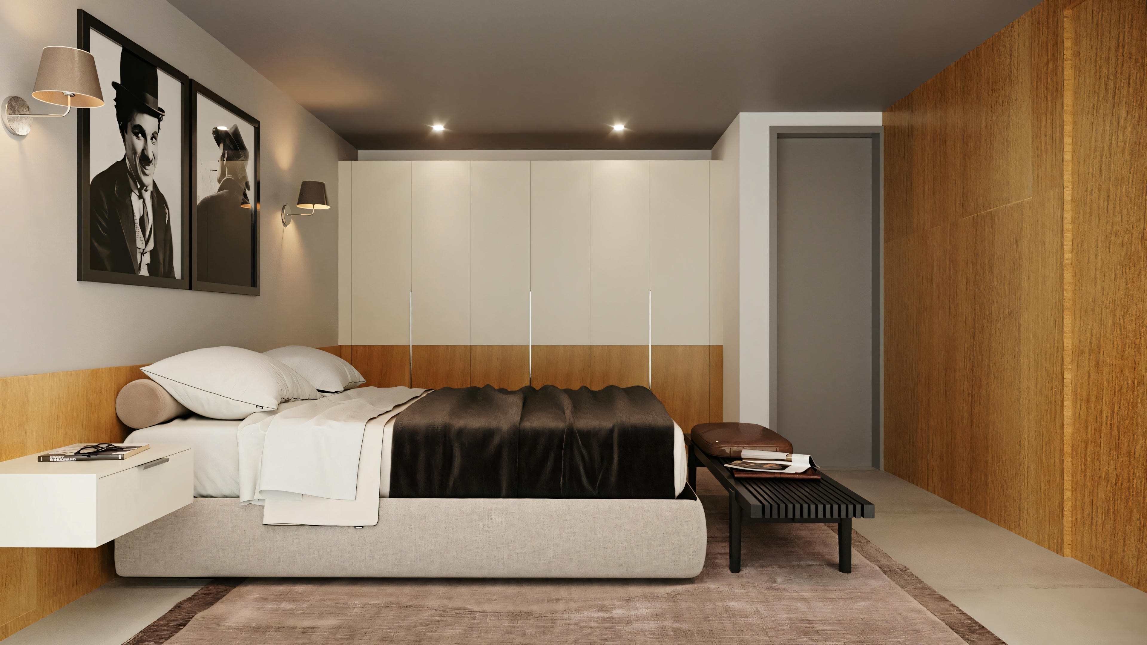 A bedroom with a large bed, nightstands, and elegant decoration.