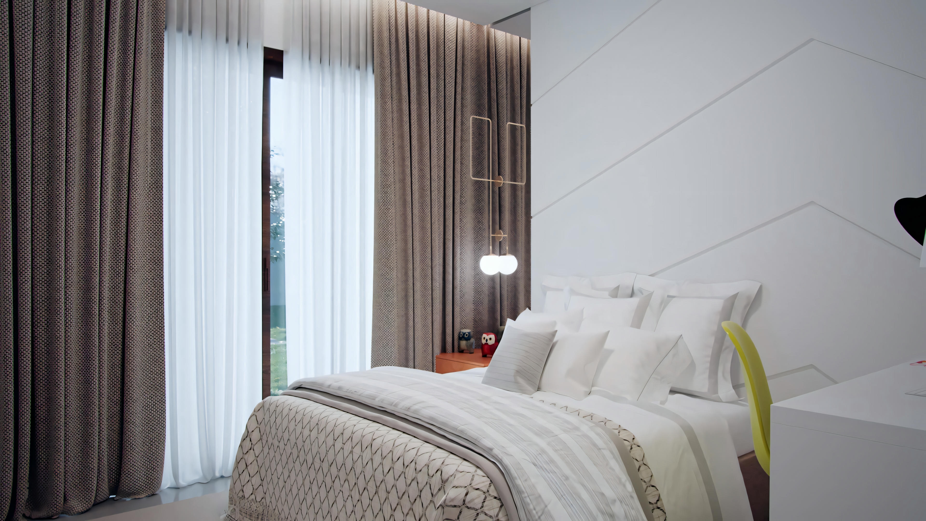 A bedroom with a bed covered in white bedding, wall lamps, and a window or mirror above the headboard.