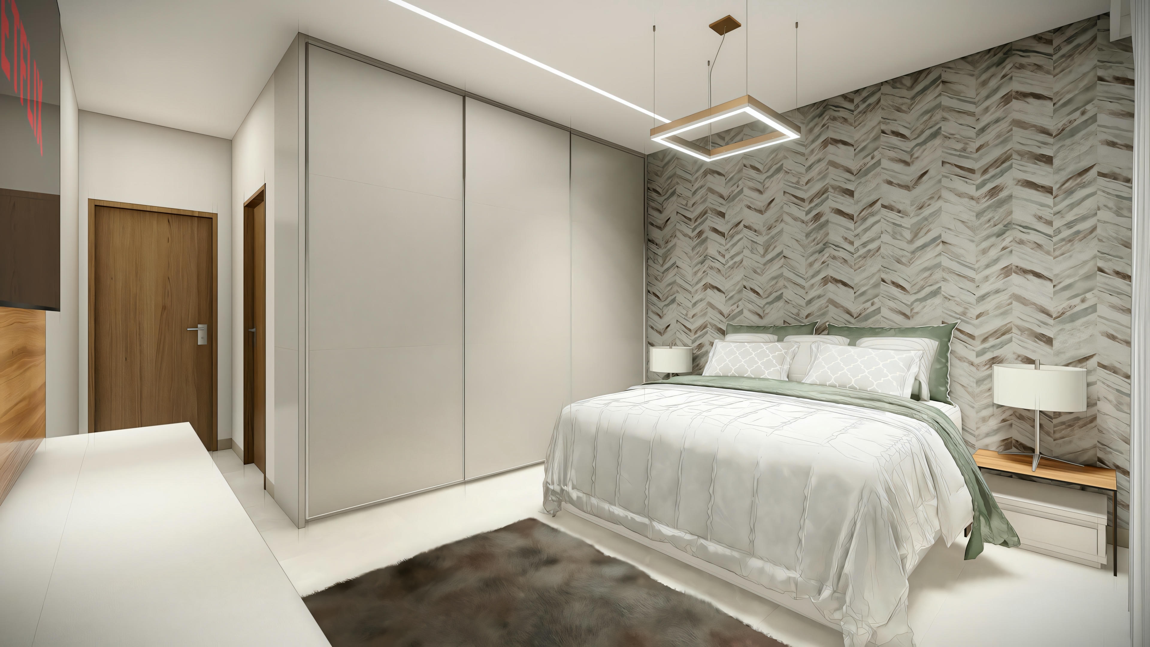 A bedroom with a white bedding set and green details, dark wood flooring, textured gray walls, and a partially visible wooden door in the background.