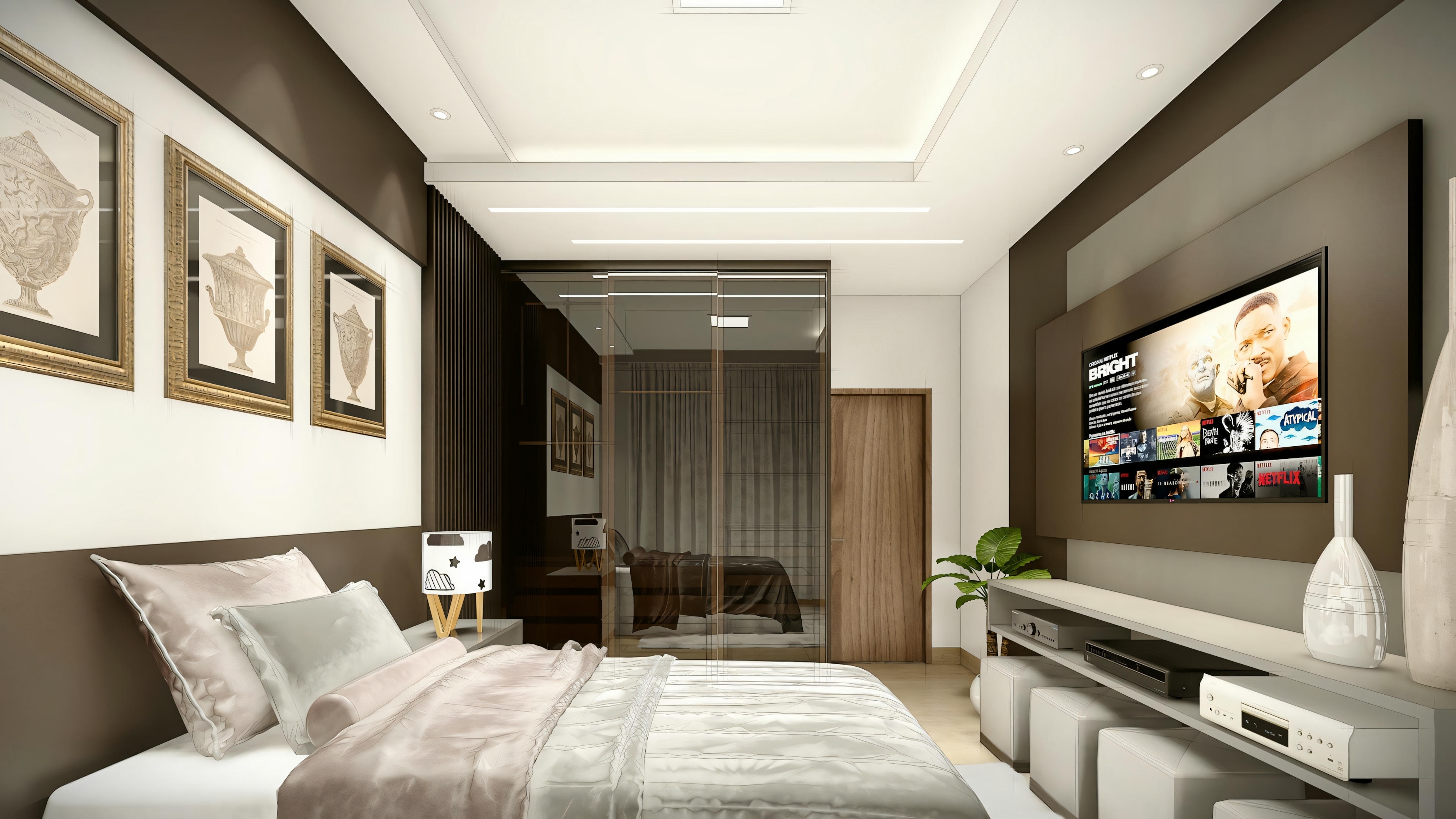 A bedroom with a large bed and a piece of art on the wall.