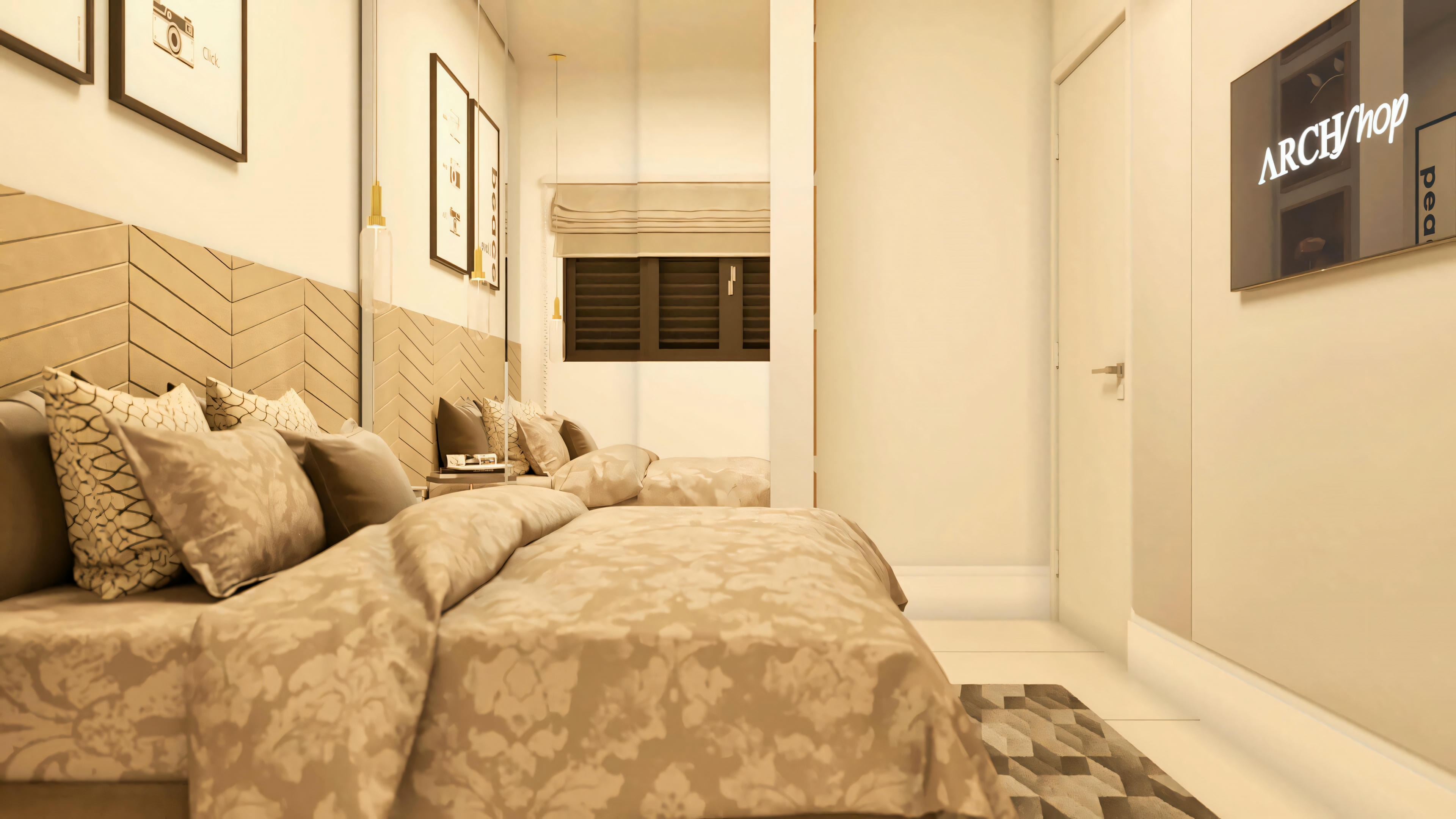Bedroom with mirrored wardrobe.