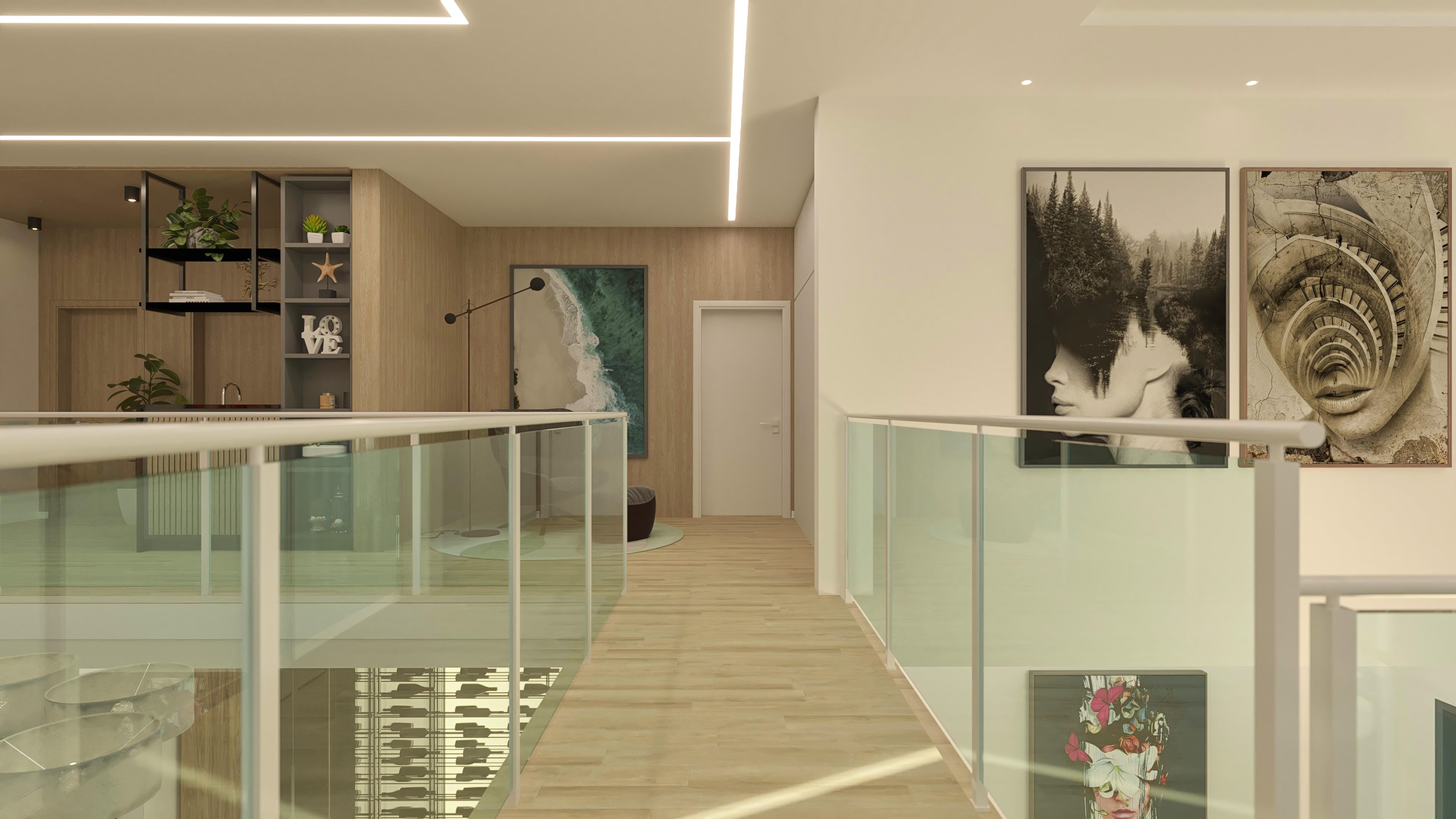 Pasillo interno con suelo de madera clara y barandilla de cristal, integrado a un ambiente con bodega climatizada y estantes.