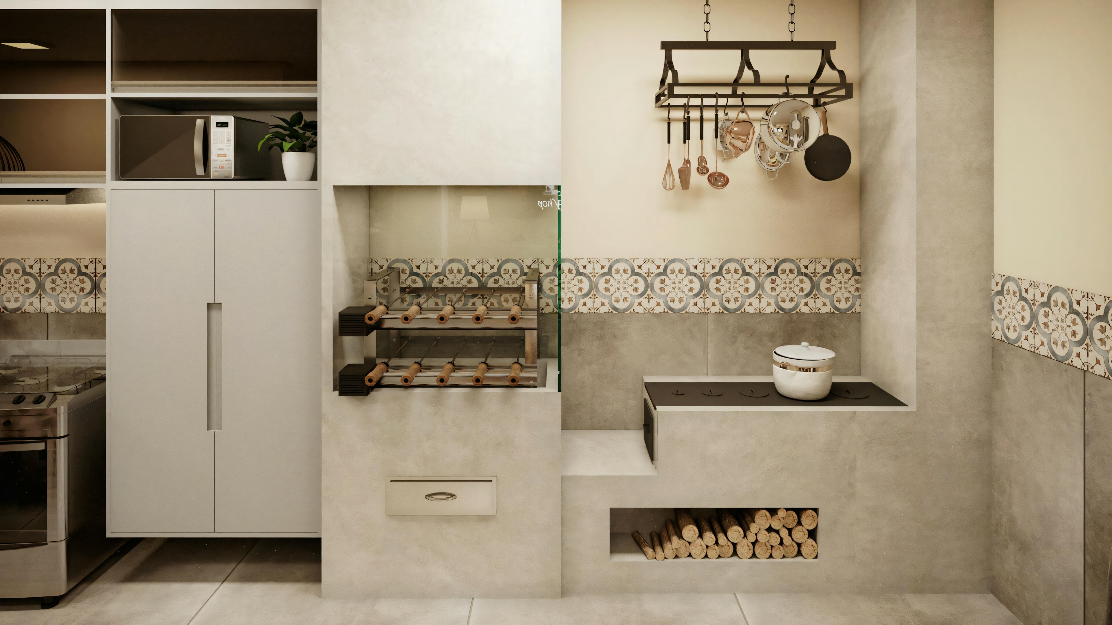 Cocina con armarios blancos, estufa y utensilios colgados.