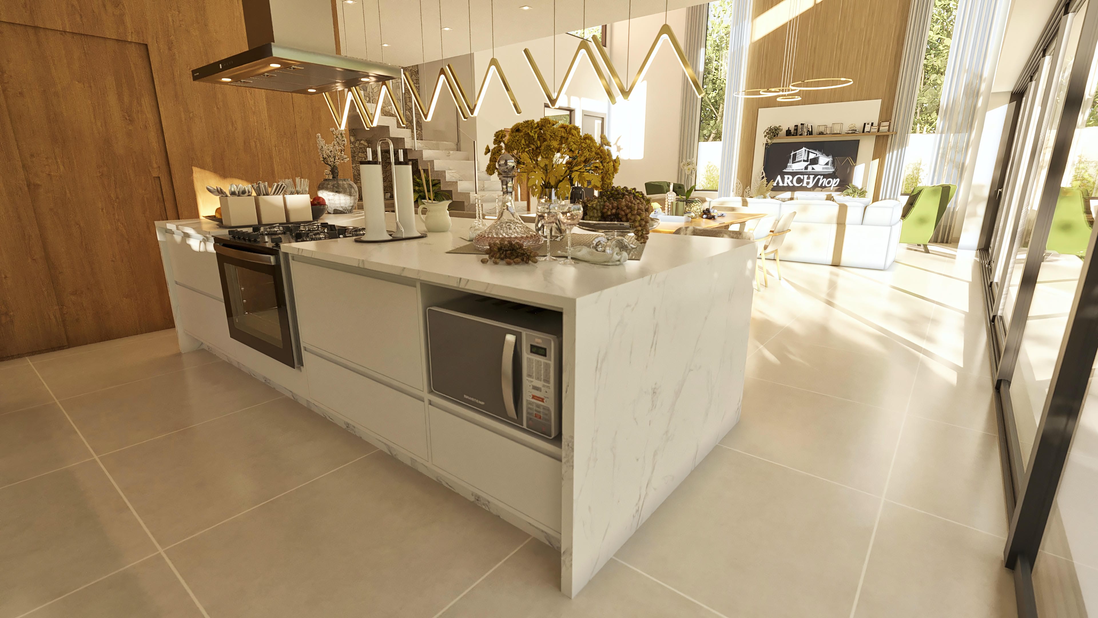 Interior de una casa moderna con cocina de concepto abierto. Detalles en madera clara, encimera en mármol con isla gourmet e iluminación colgante en zigzag.