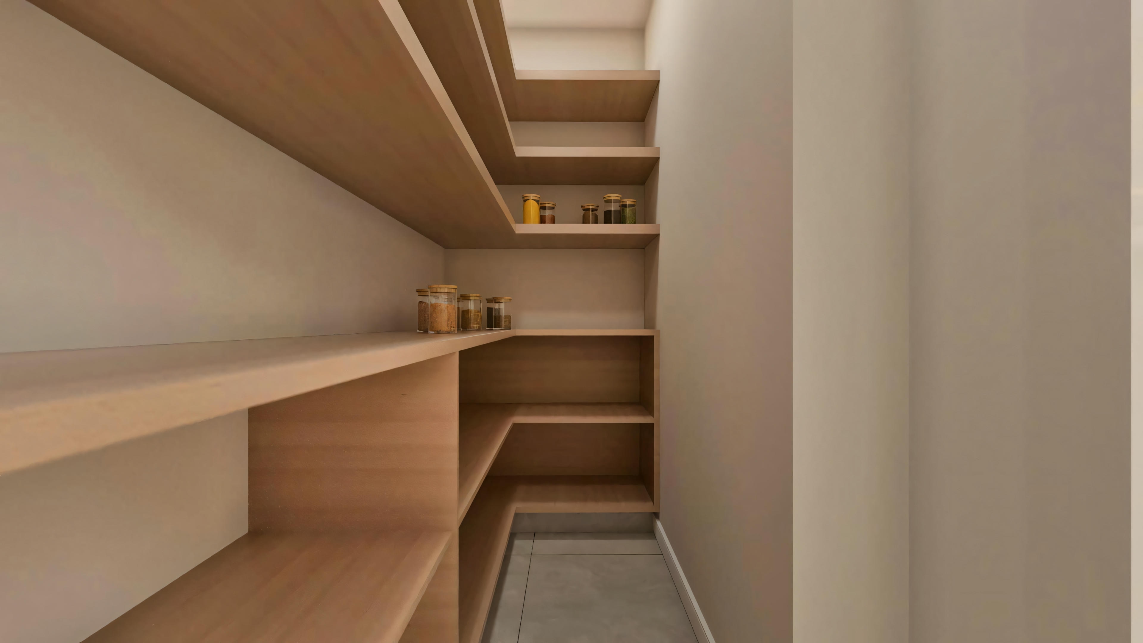 Detalle de la cocina gourmet en proyecto de casa moderna. Isla con encimera para comidas, taburetes tapizados, armarios planejados, estanterías suspendidas y electrodomésticos empotrados. Diseño funcional y sofisticado.