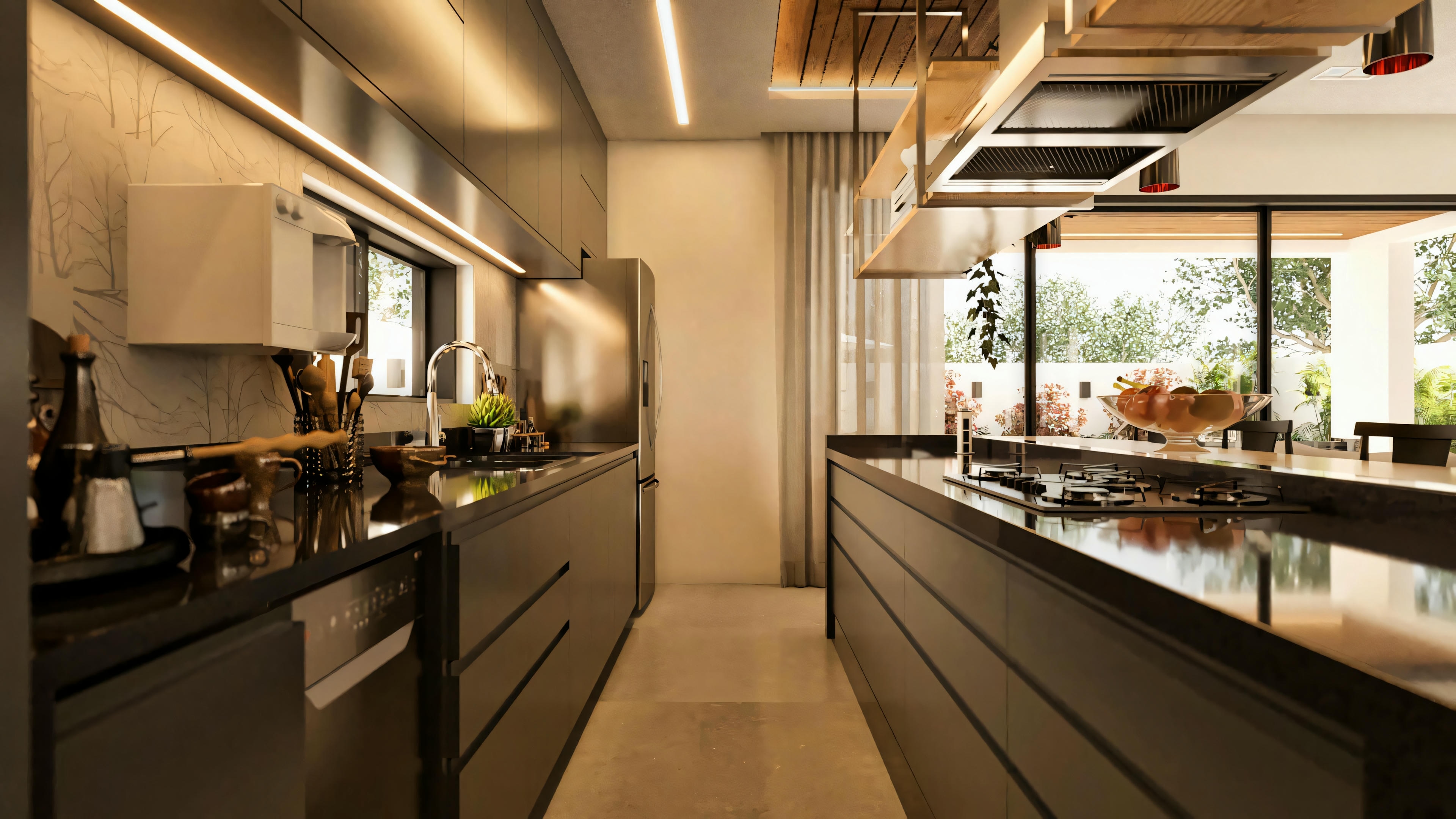 Perspectiva de la cocina gourmet moderna en la casa de dos pisos de 330m², con armarios planeados oscuros, encimeras, isla central con placa de cocción y campana extractora, y acceso visual al área externa.