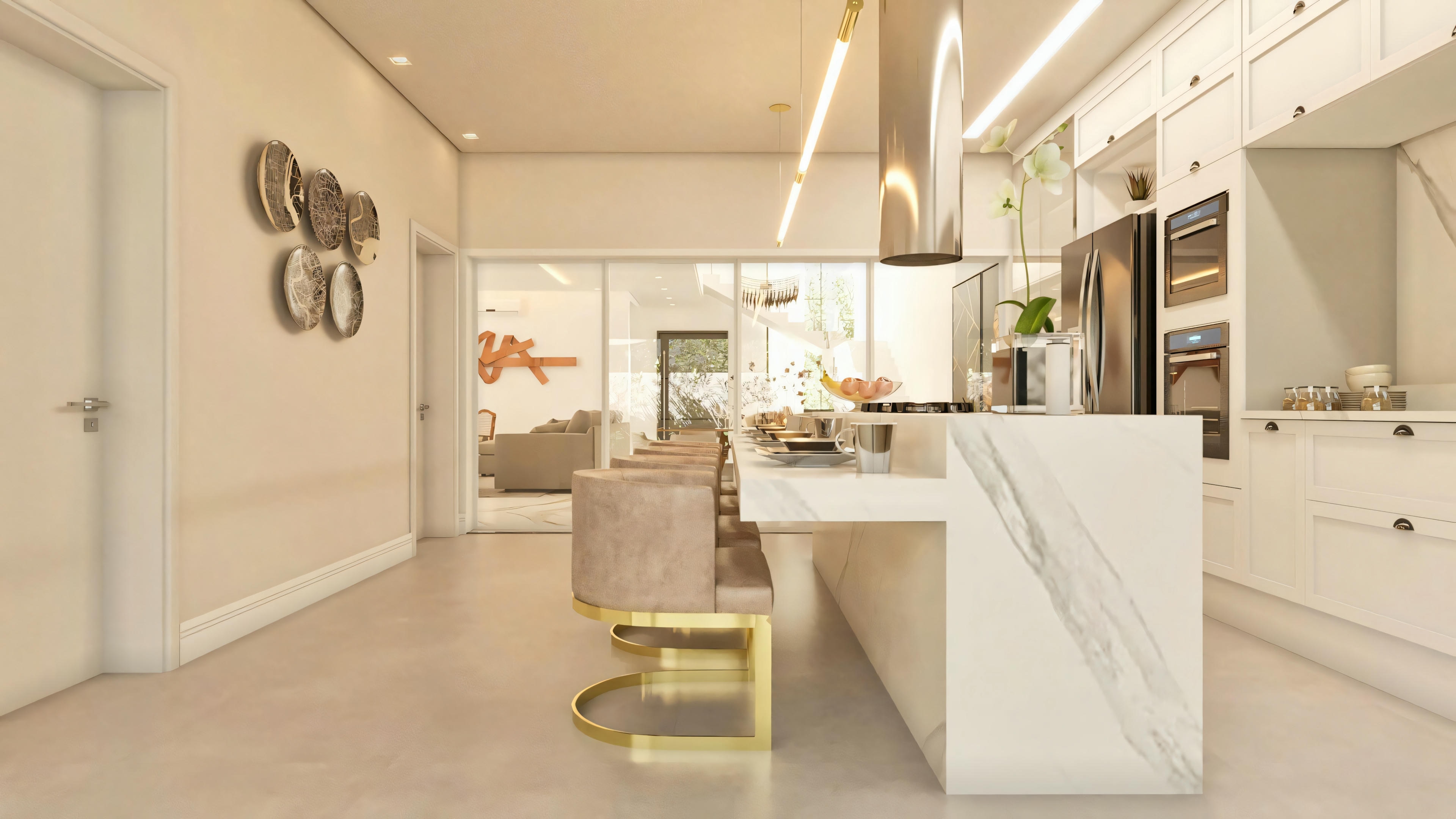 Vista lateral de la cocina/área gourmet en casa de dos plantas moderna, exhibiendo isla con bancada en piedra clara y lateral en cascada, banquetas con base dorada, armarios planeados y visión de la sala de estar al fondo.