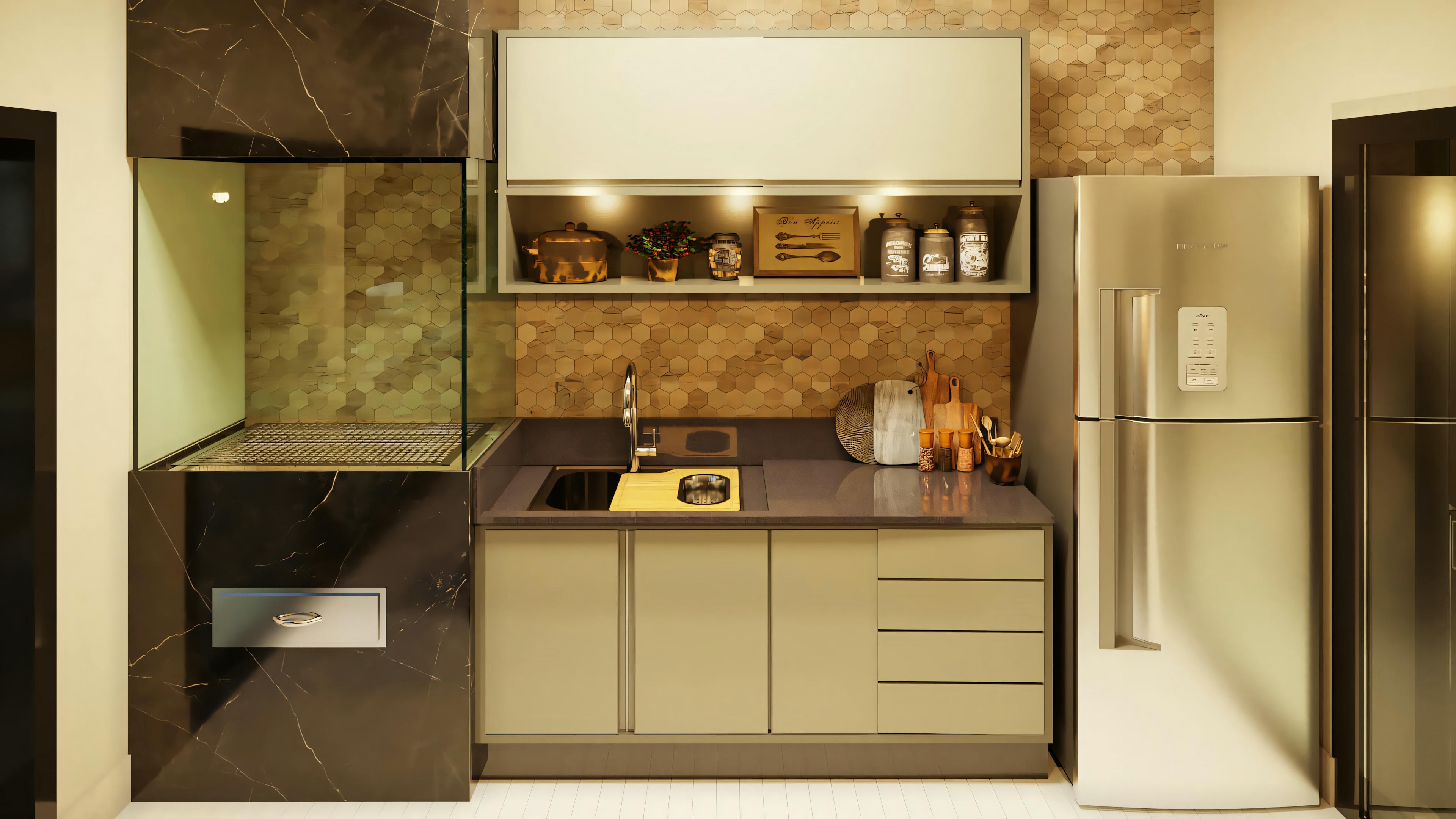 Cocina moderna con encimera oscura, frigorífico de acero inoxidable y estantes con utensilios.