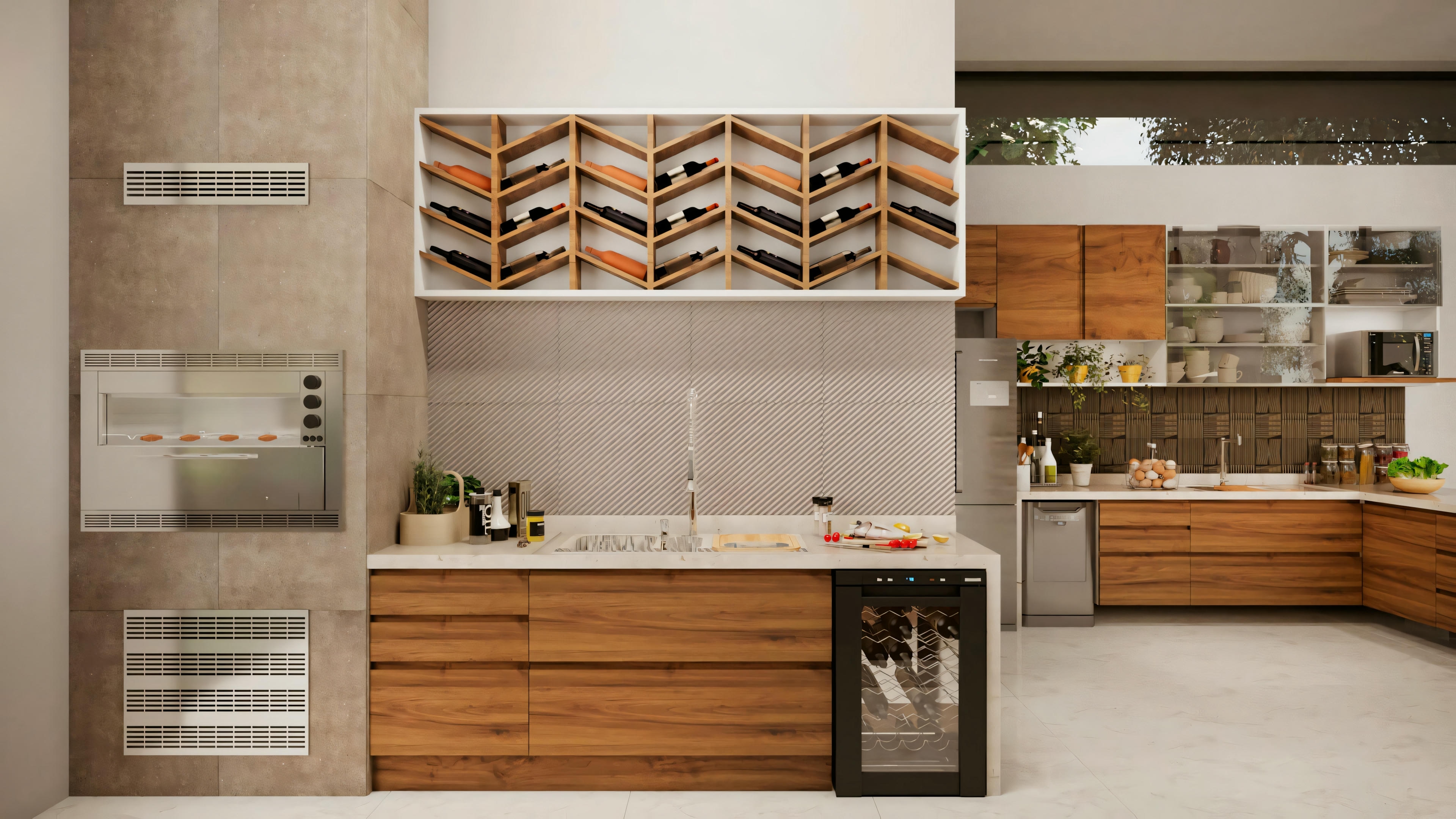 Cocina moderna con muebles contemporáneos, líneas limpias y paleta de colores neutros con detalles en madera.