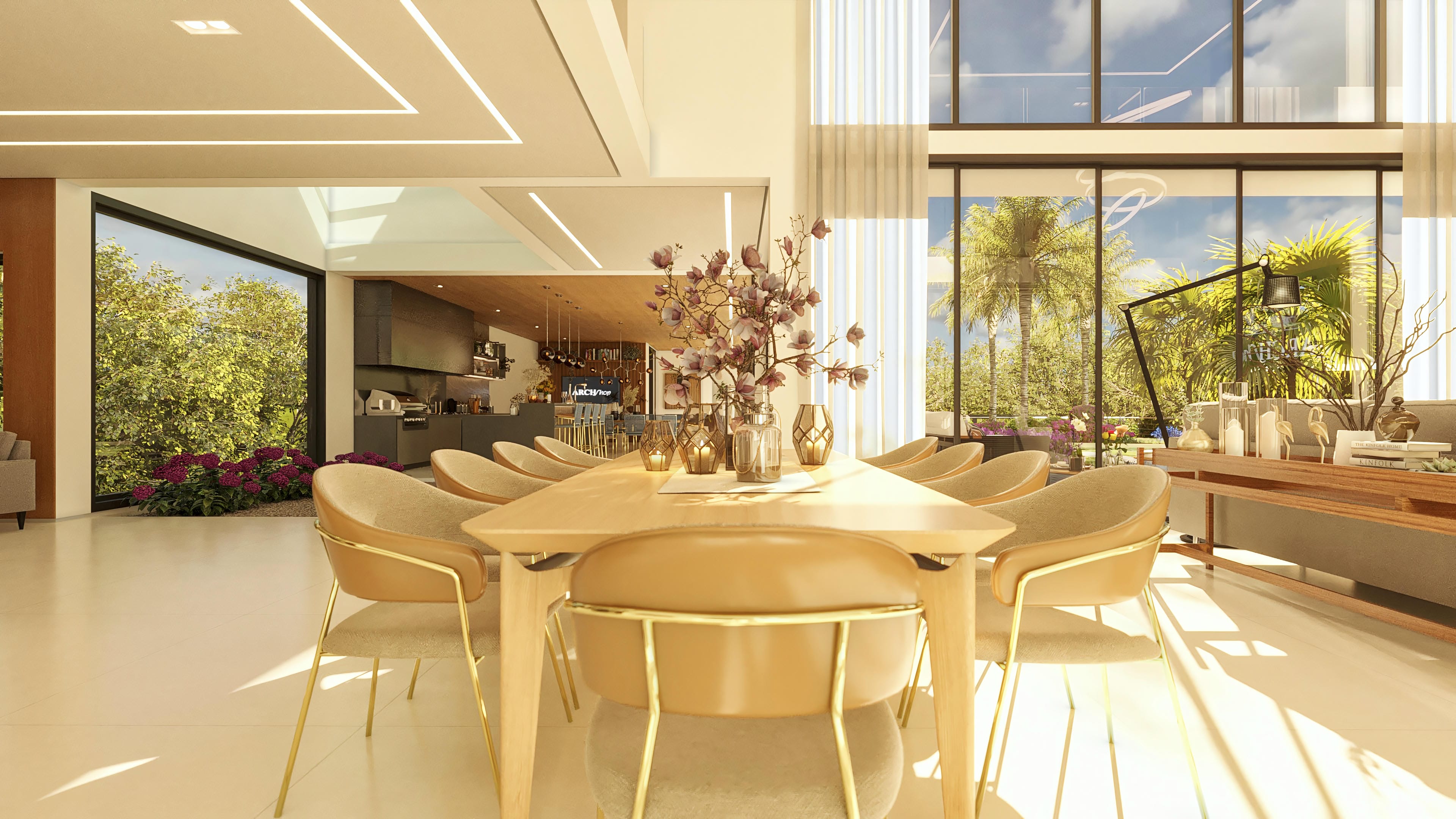 Ambiente interior con mesa de comedor de madera clara y sillas tapizadas en tono arena, con amplia vista al área exterior con vegetación exuberante y piscina.