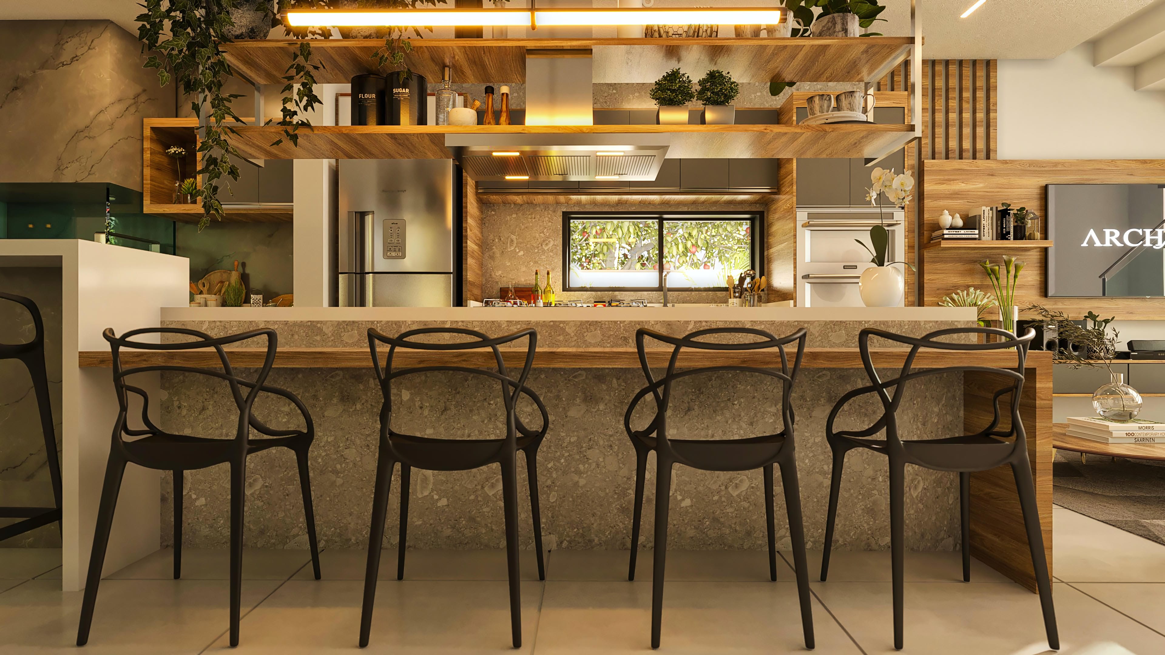 Bancada de cozinha gourmet com banquetas modernas em um sobrado de fachada contemporânea, com detalhes em madeira e pedra.